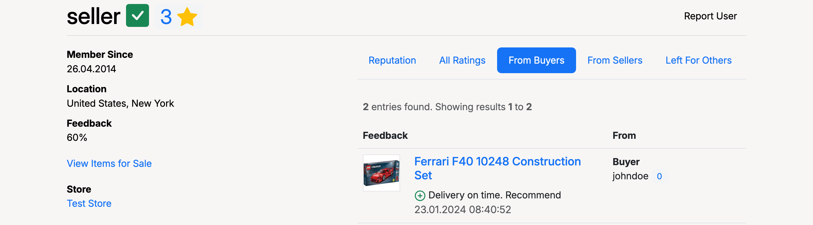PHP Pro Bid — User profile showing From Buyers tab with individual feedback entries including listing details and comments