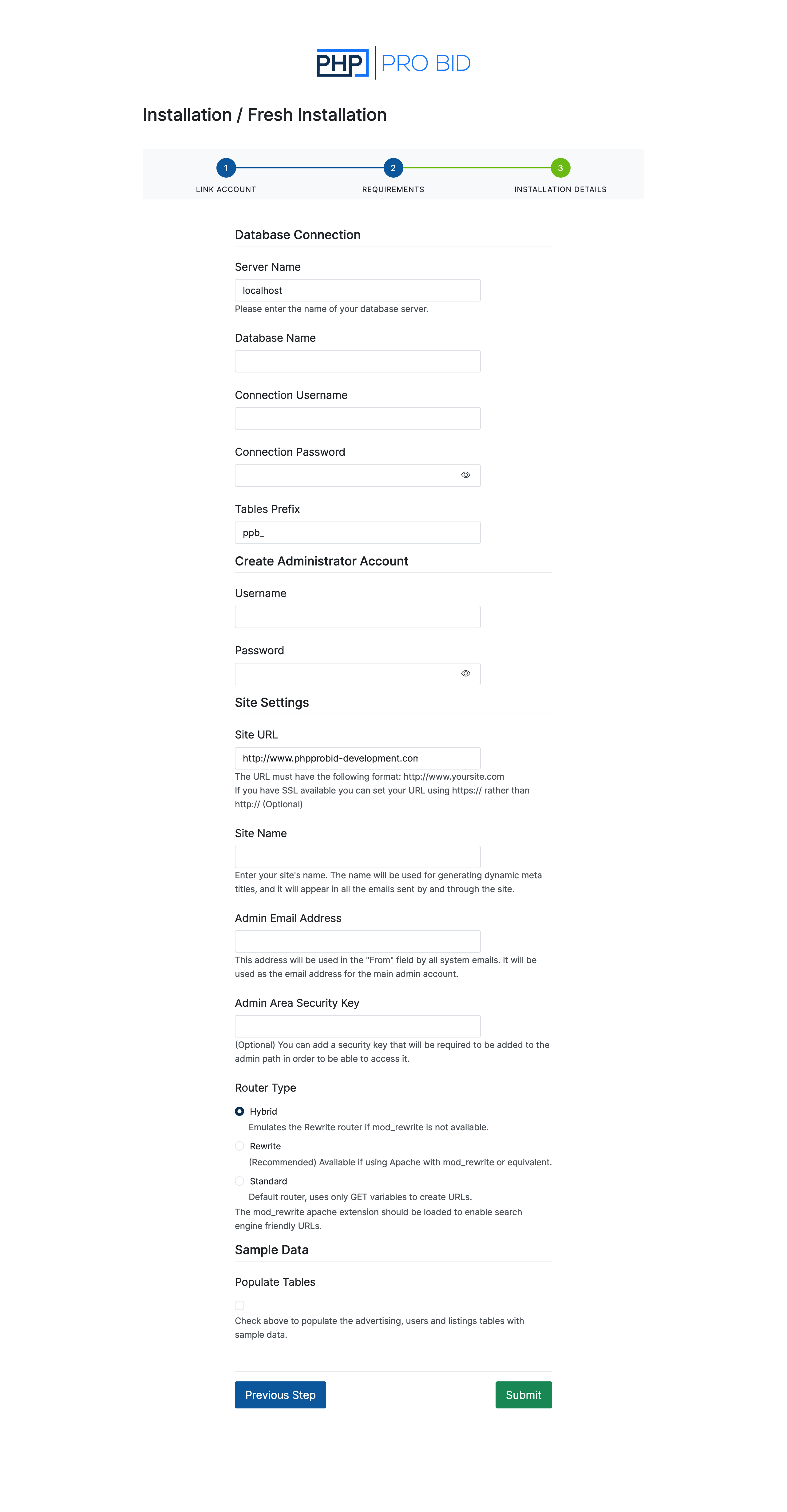 PHP Pro Bid v10 installer, Step 3 Installation Details — Database Connection, Create Administrator Account, and Site Settings sections with a Submit button