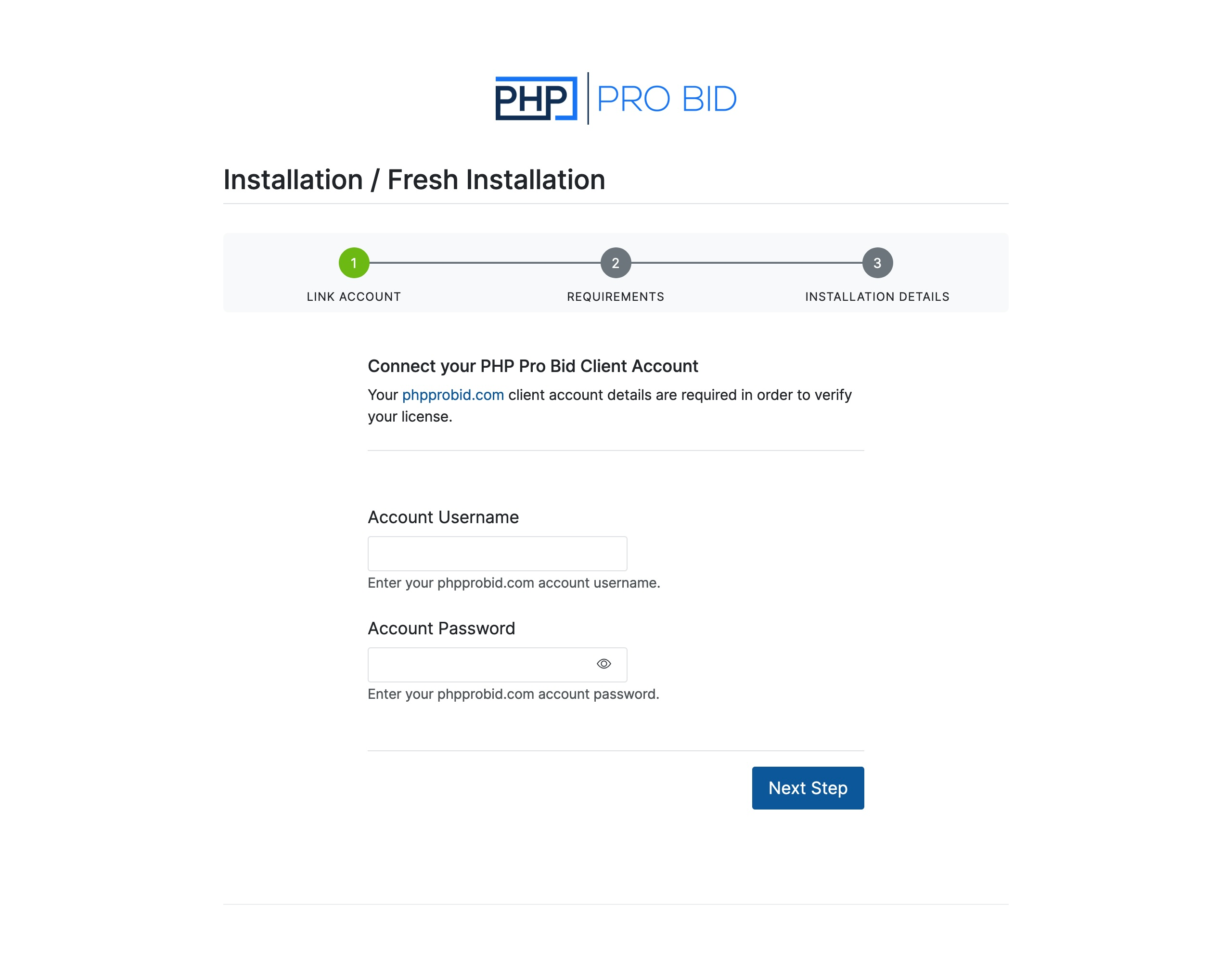 PHP Pro Bid v10 installer, Step 1 Link Account — Connect your PHP Pro Bid Client Account form with Account Username and Account Password fields and a Next Step button
