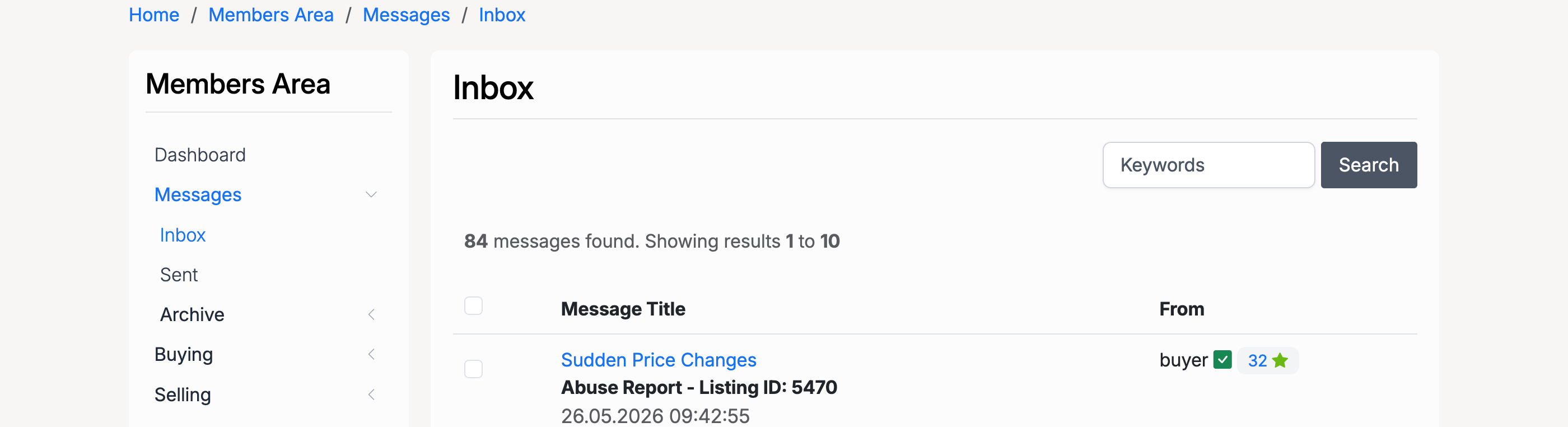 PHP Pro Bid — Seller inbox showing the received abuse report message