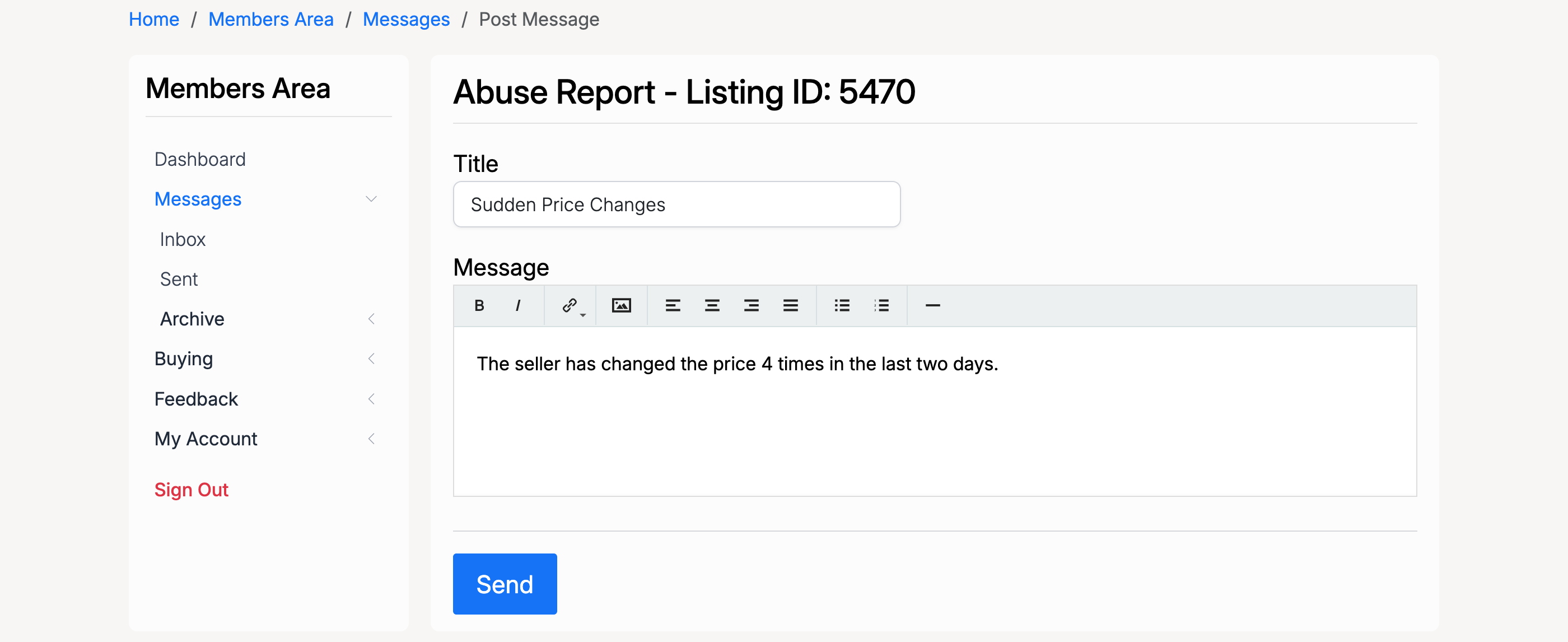 PHP Pro Bid — Abuse Report form showing Title and Message fields for Listing ID 5470