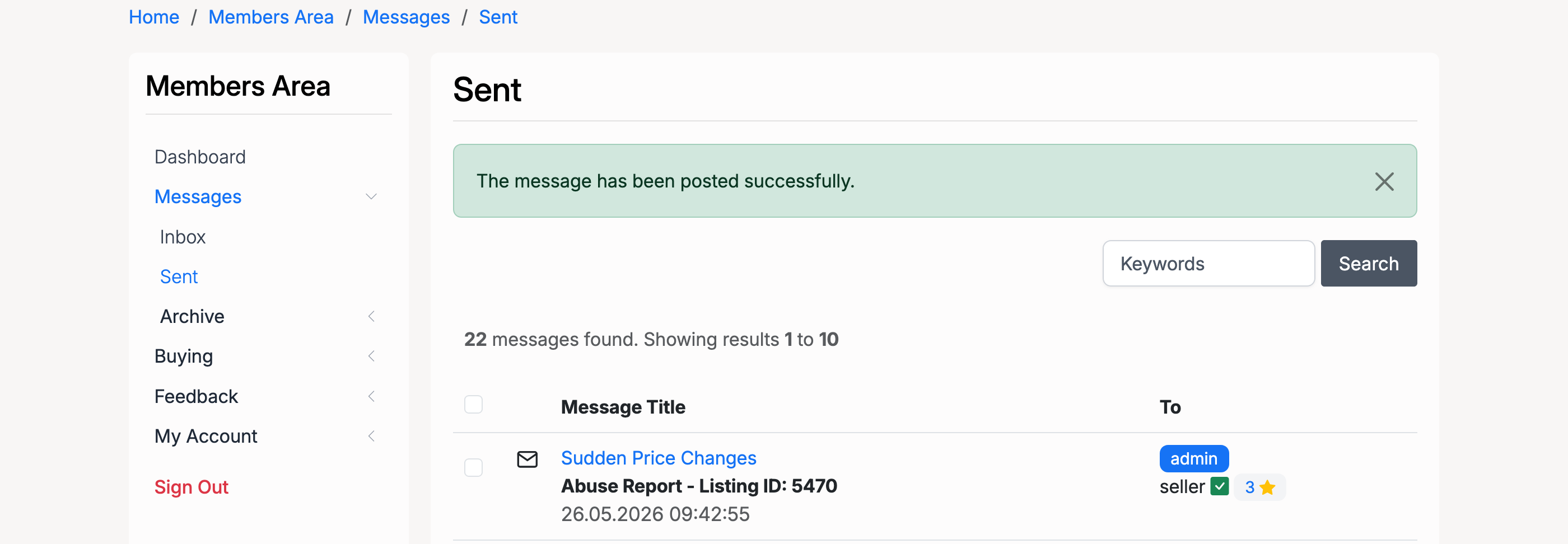 PHP Pro Bid — Sent messages folder showing the submitted abuse report with confirmation message