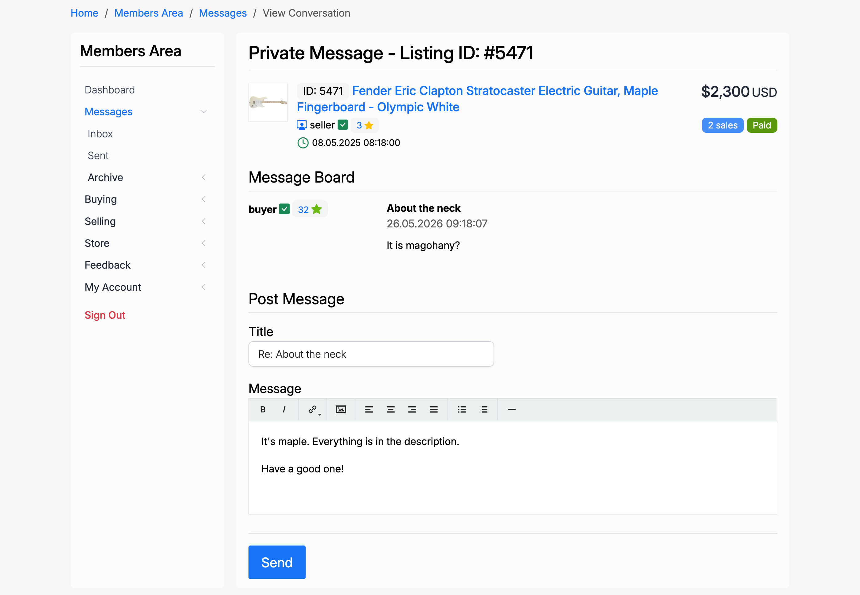 PHP Pro Bid — View Conversation page showing the listing, message thread, and reply form with Title and Message fields