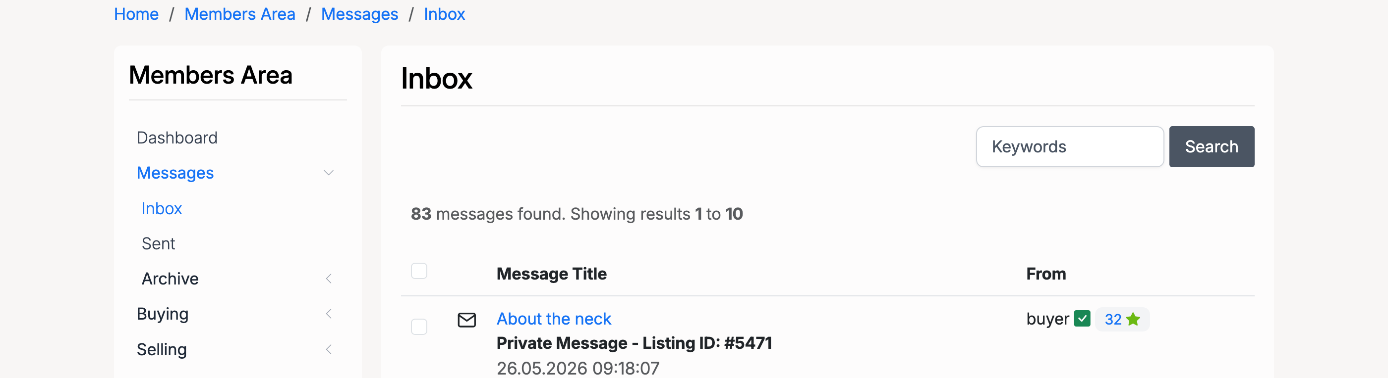 PHP Pro Bid — Message Inbox showing received messages with title, sender, and date