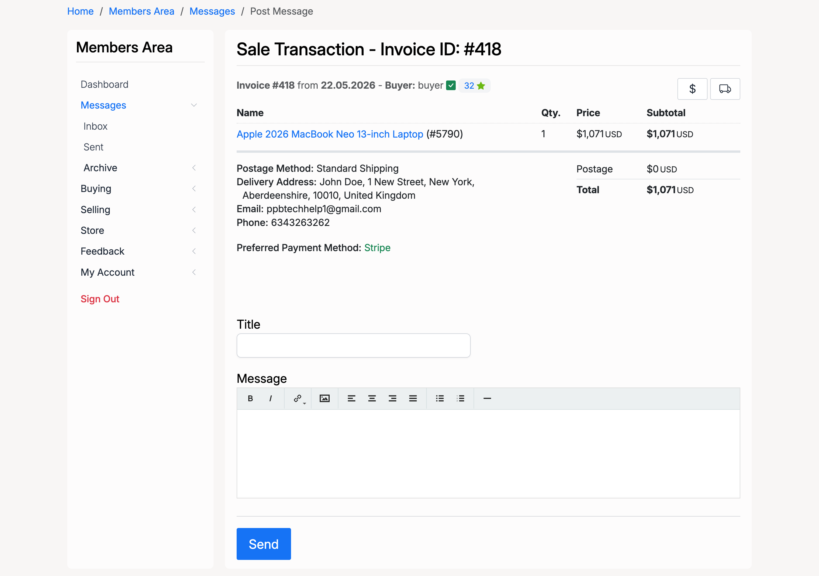 PHP Pro Bid — Post Message page for a sale transaction showing invoice details, Title, and Message fields
