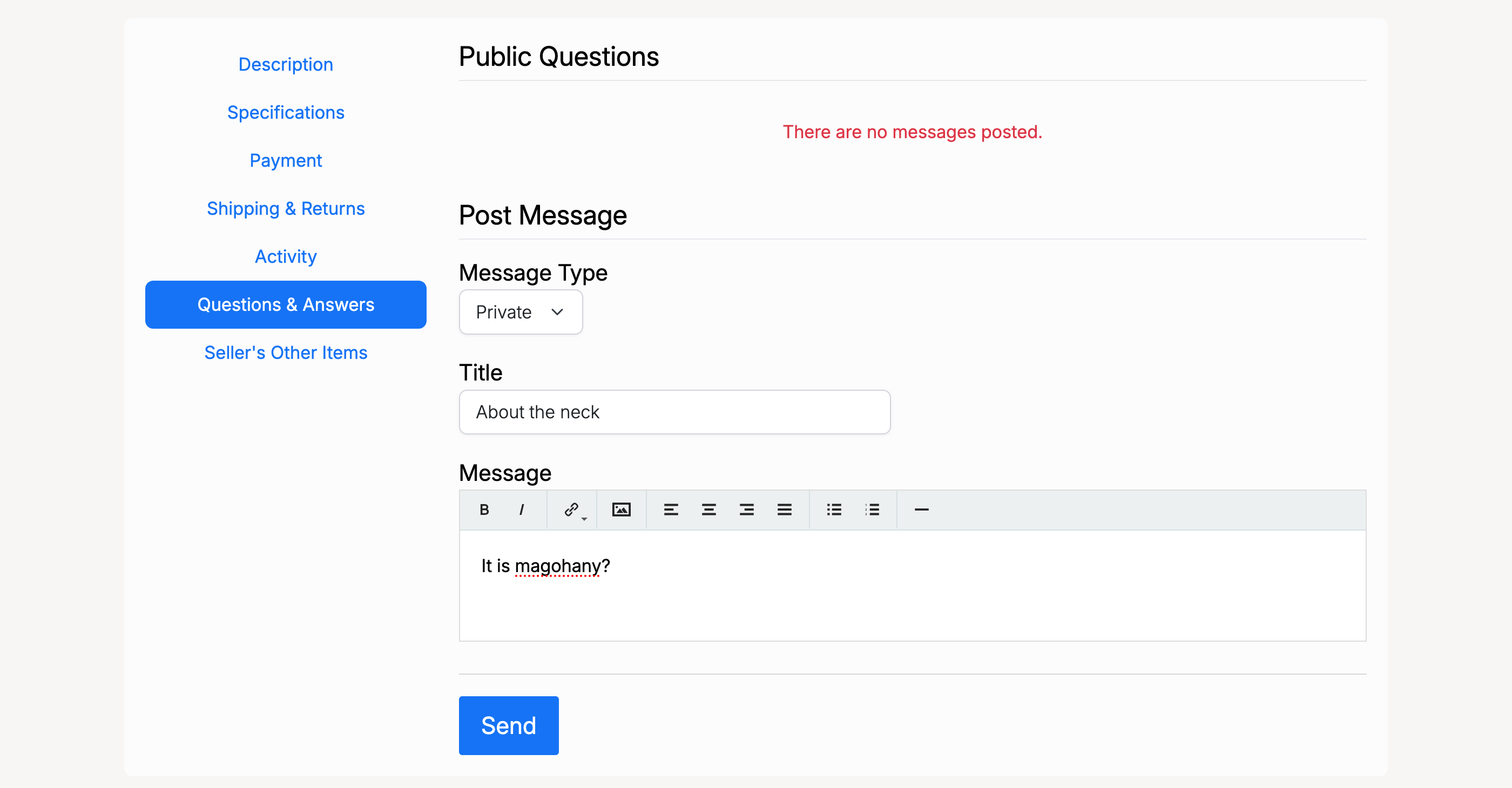 PHP Pro Bid — Questions & Answers tab on a listing page showing Message Type selector, Title, and Message fields with Send button