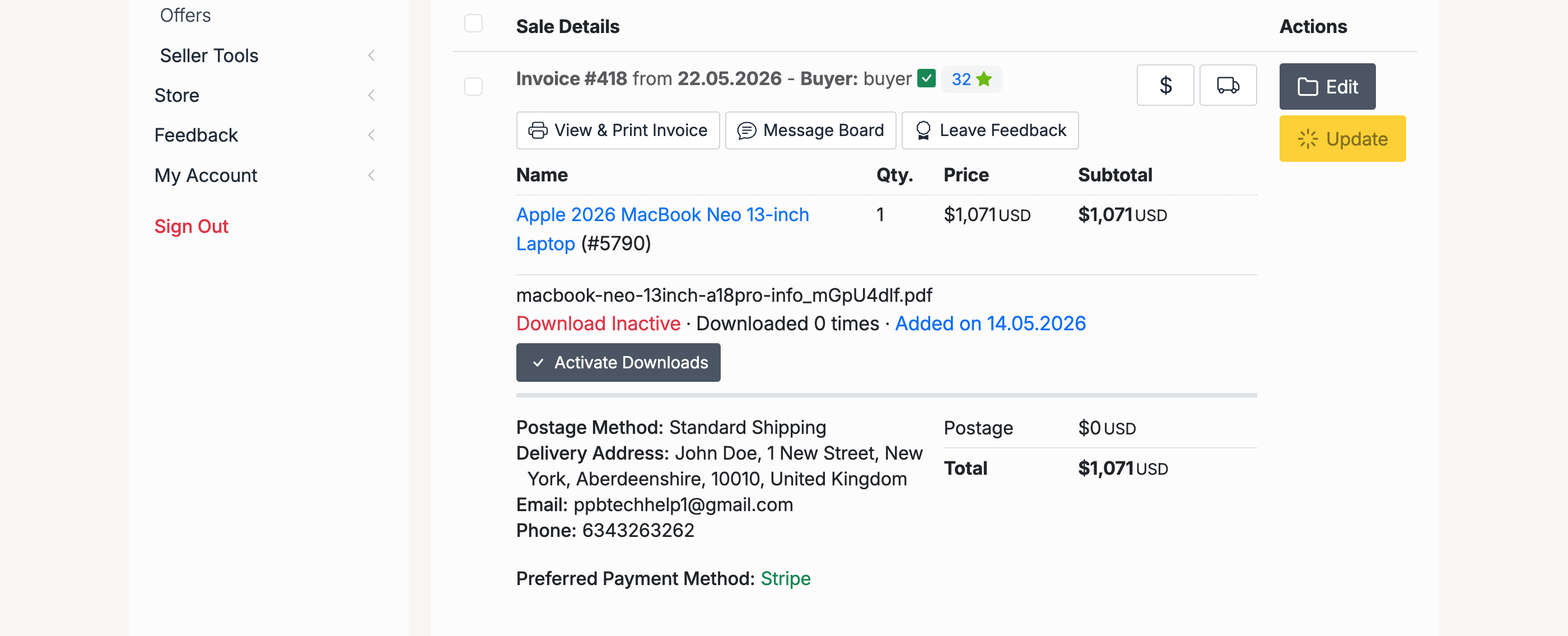 PHP Pro Bid — Sale details page showing the Message Board button alongside View & Print Invoice and Leave Feedback options