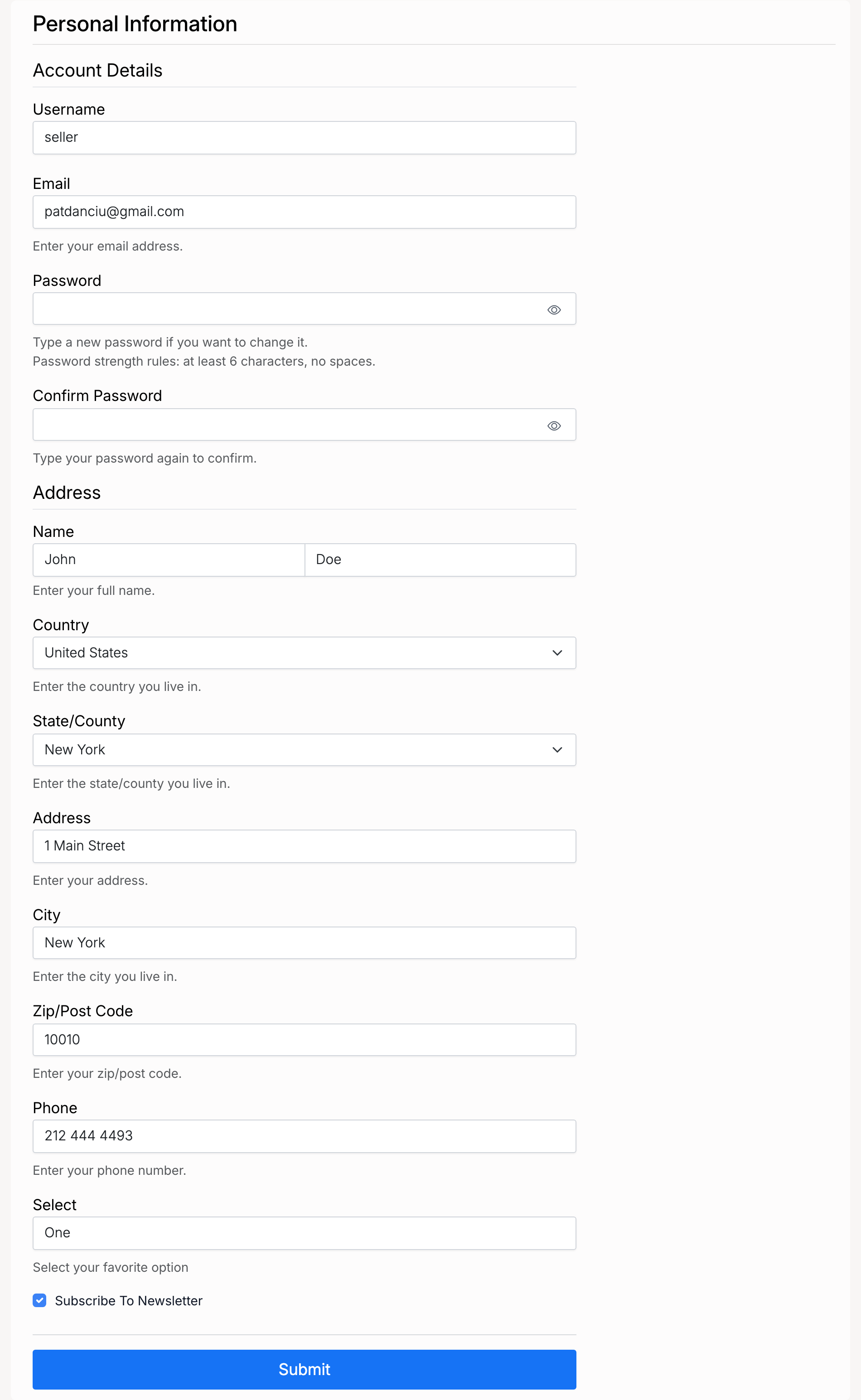 PHP Pro Bid — Seller Account Settings page showing Account Type, Company Name, Bank Details, Stripe keys, and Sales Invoices Custom Content