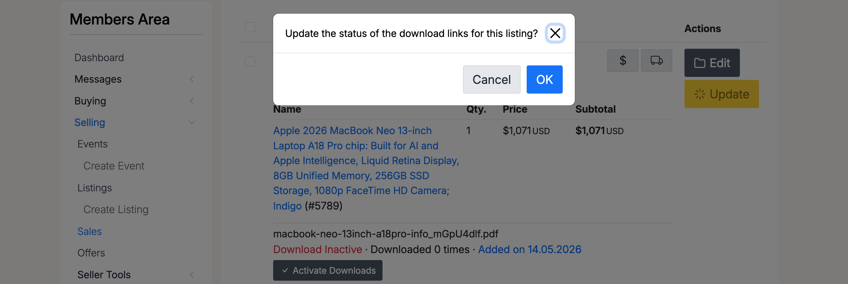 PHP Pro Bid — Confirmation dialog asking the seller to confirm download activation