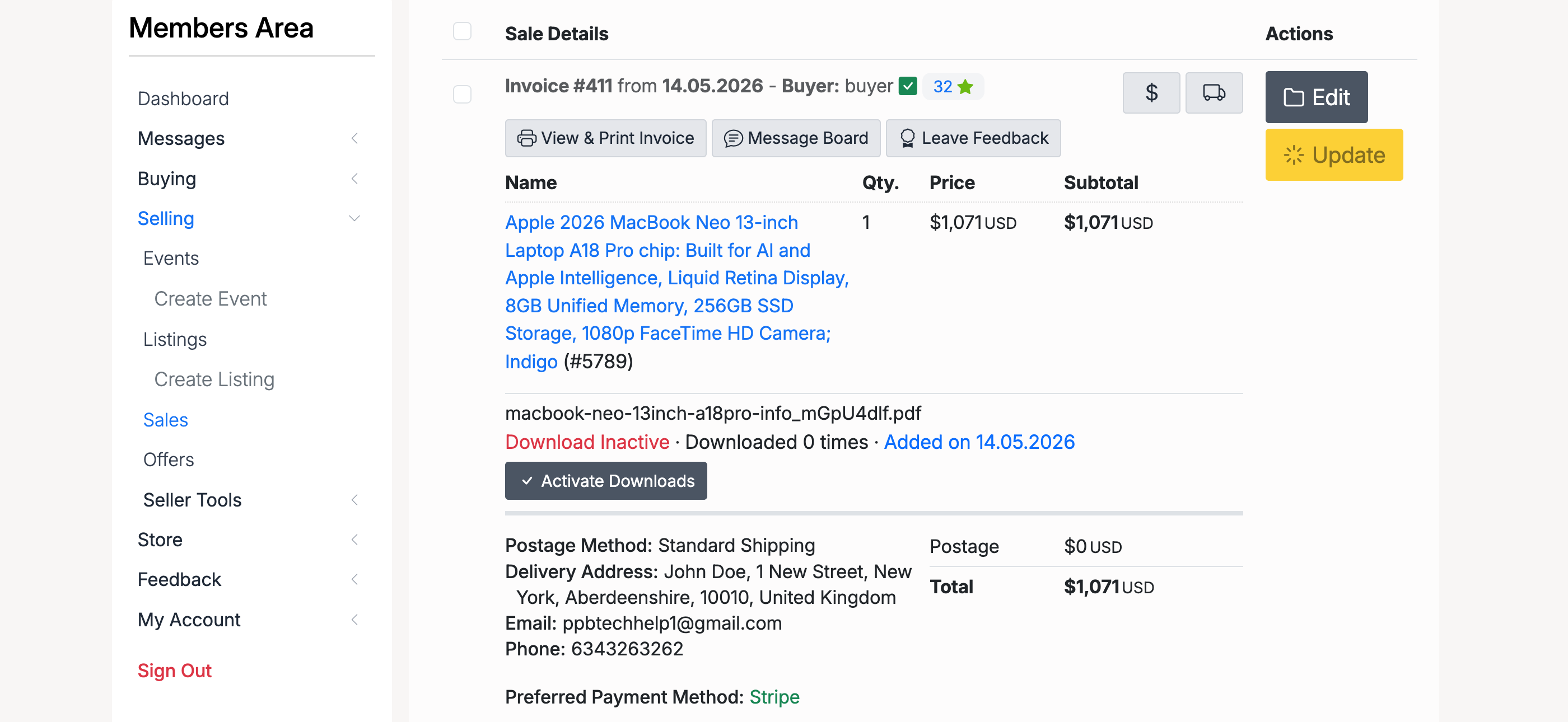 PHP Pro Bid — Seller sales page showing the Activate Downloads button next to a completed sale