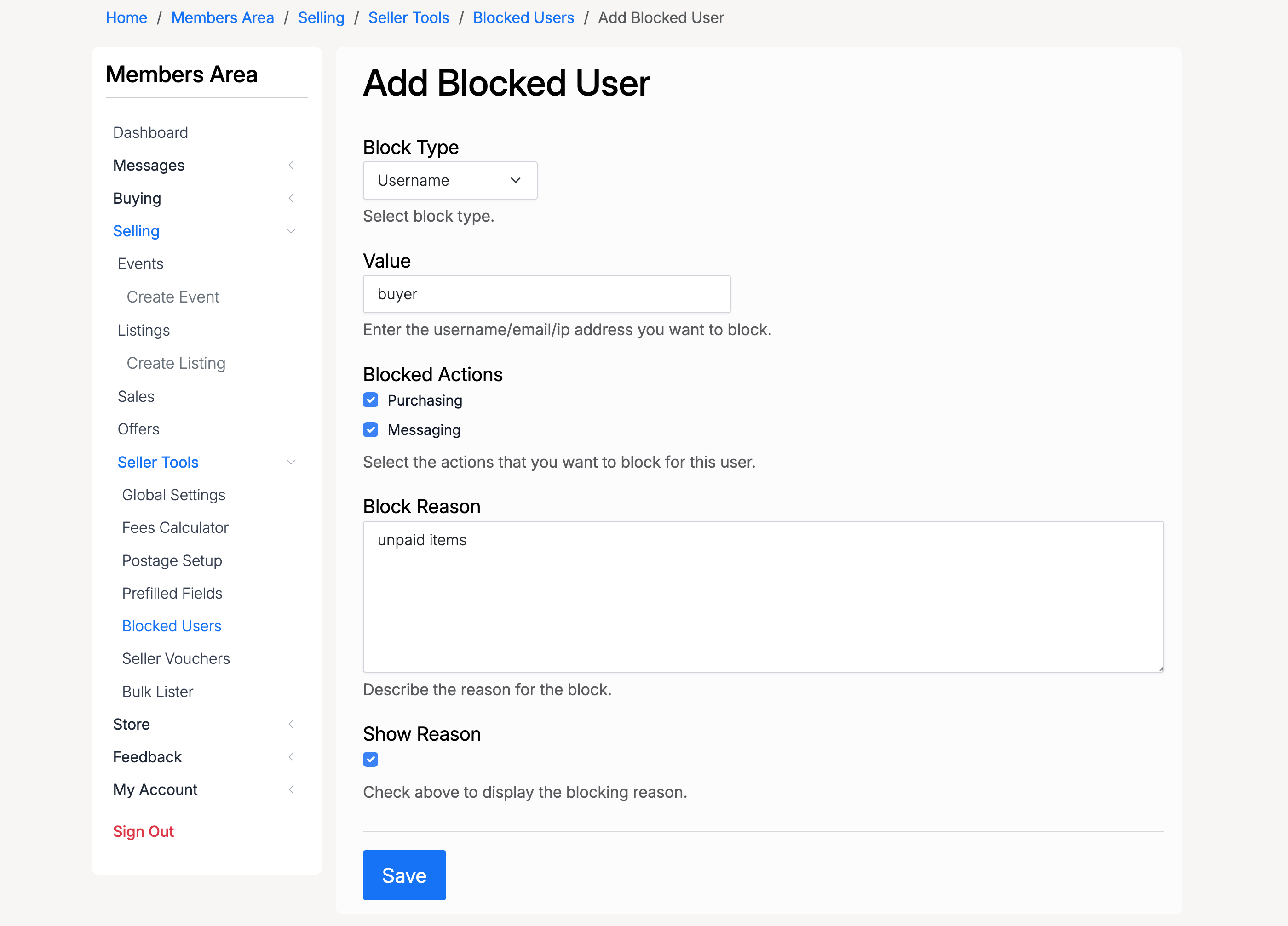 PHP Pro Bid — Add Blocked User form with Block Type, Value, Blocked Actions, Block Reason, and Show Reason fields