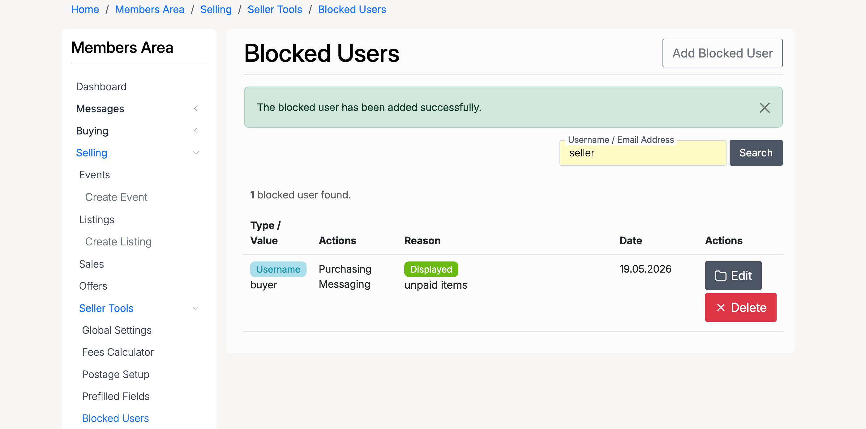 PHP Pro Bid — Blocked Users list showing a blocked user with type, actions, reason, date, and Edit/Delete buttons
