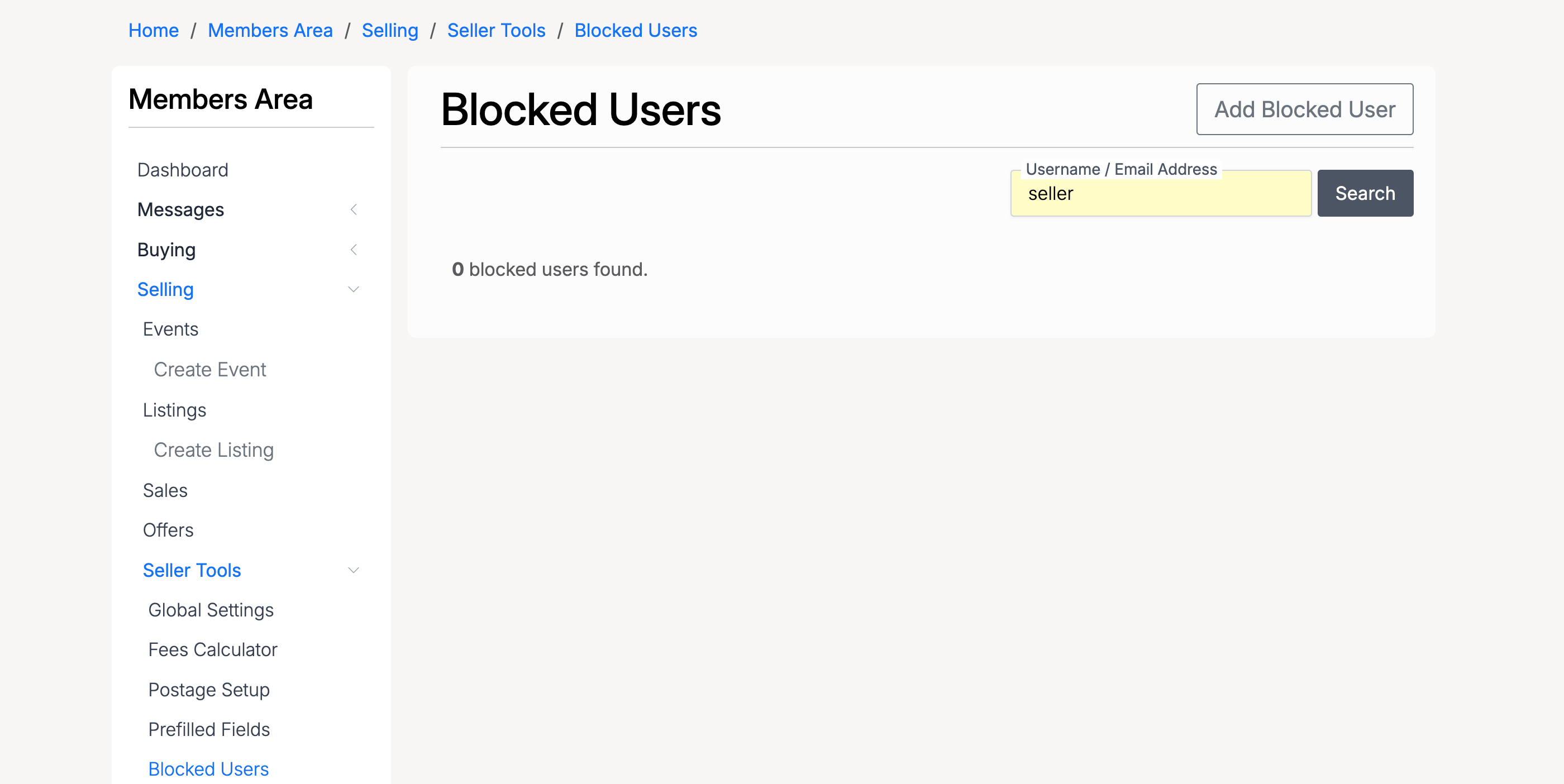 PHP Pro Bid — Seller Blocked Users page showing search field and Add Blocked User button