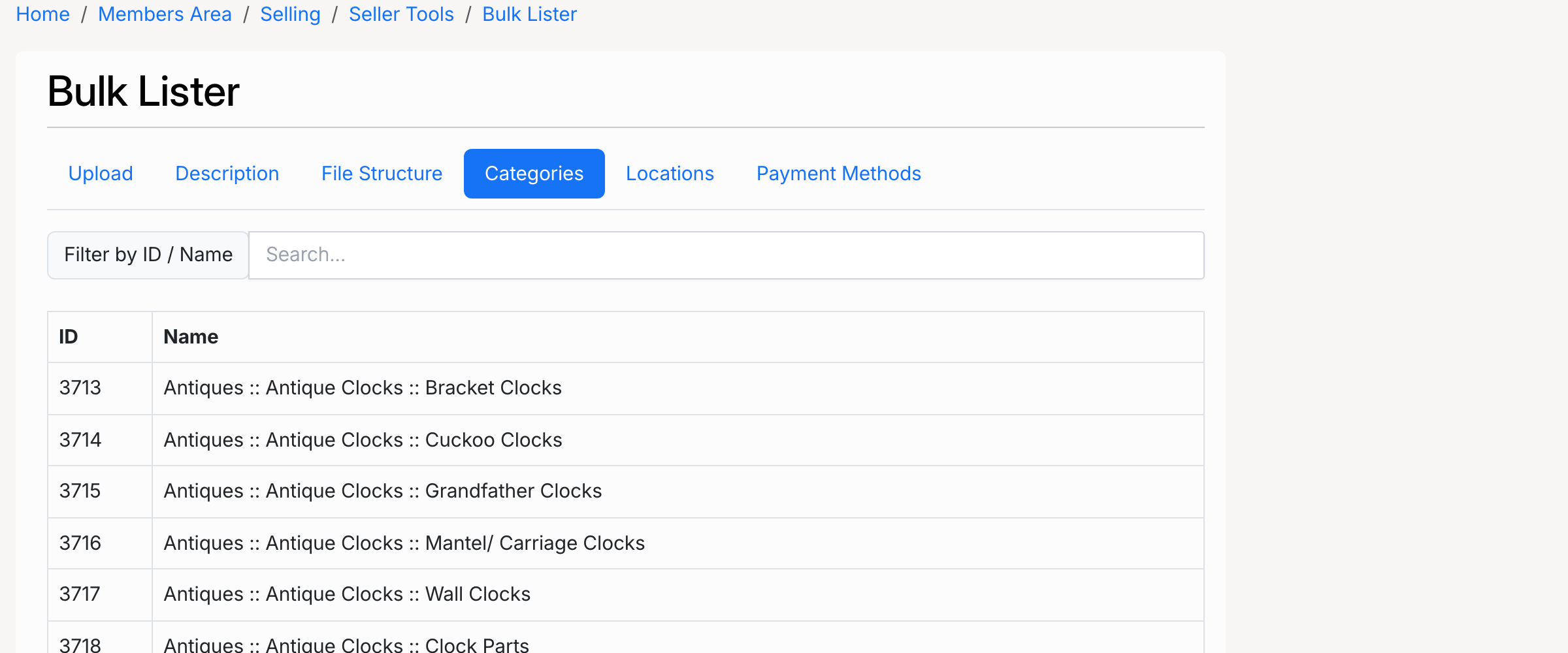 PHP Pro Bid — Bulk Lister categories tab showing category IDs and names in a searchable list