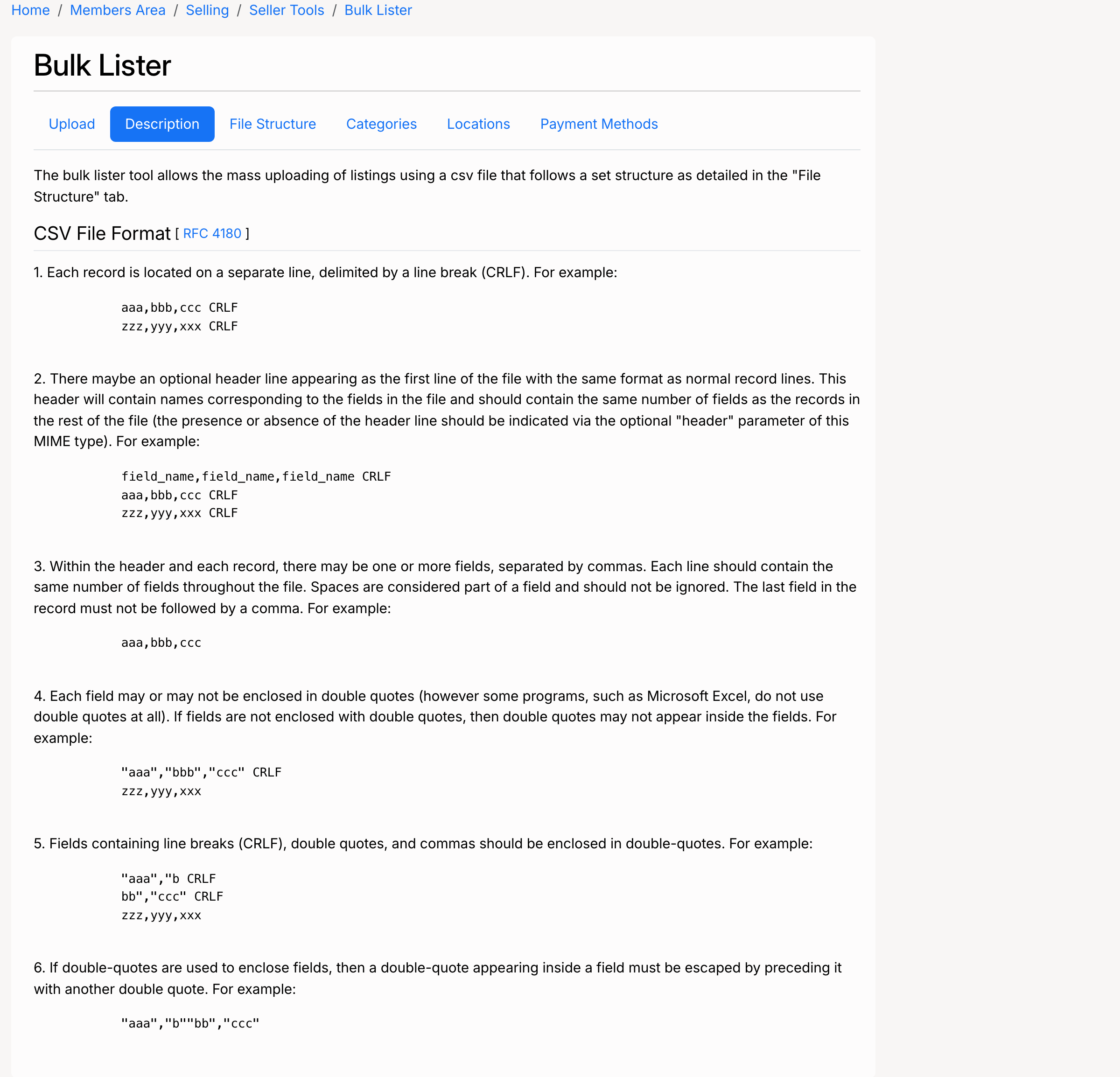 PHP Pro Bid — Bulk Lister description tab explaining CSV file format rules