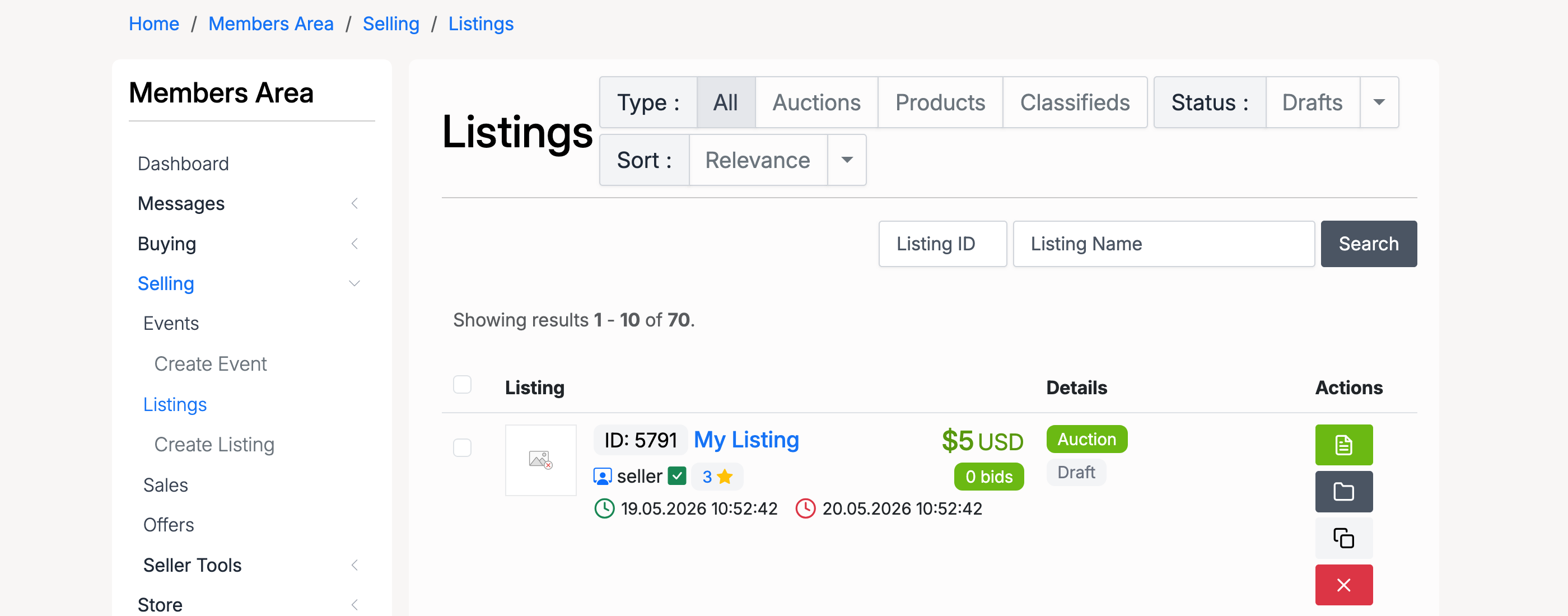 PHP Pro Bid — Listings page showing a bulk-uploaded listing with Draft status