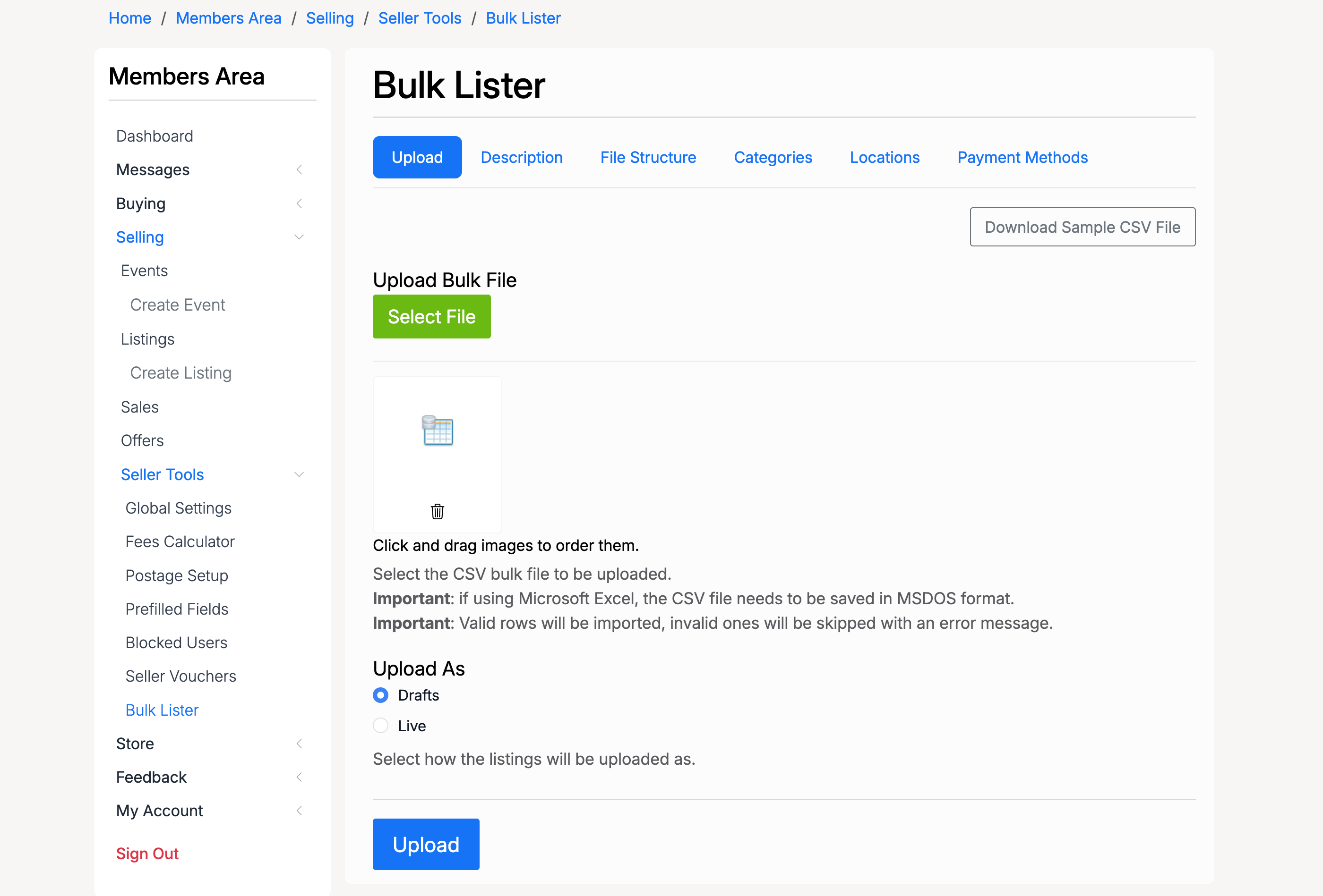 PHP Pro Bid — Bulk Lister upload tab with a CSV file selected, Upload As radio options, and Upload button