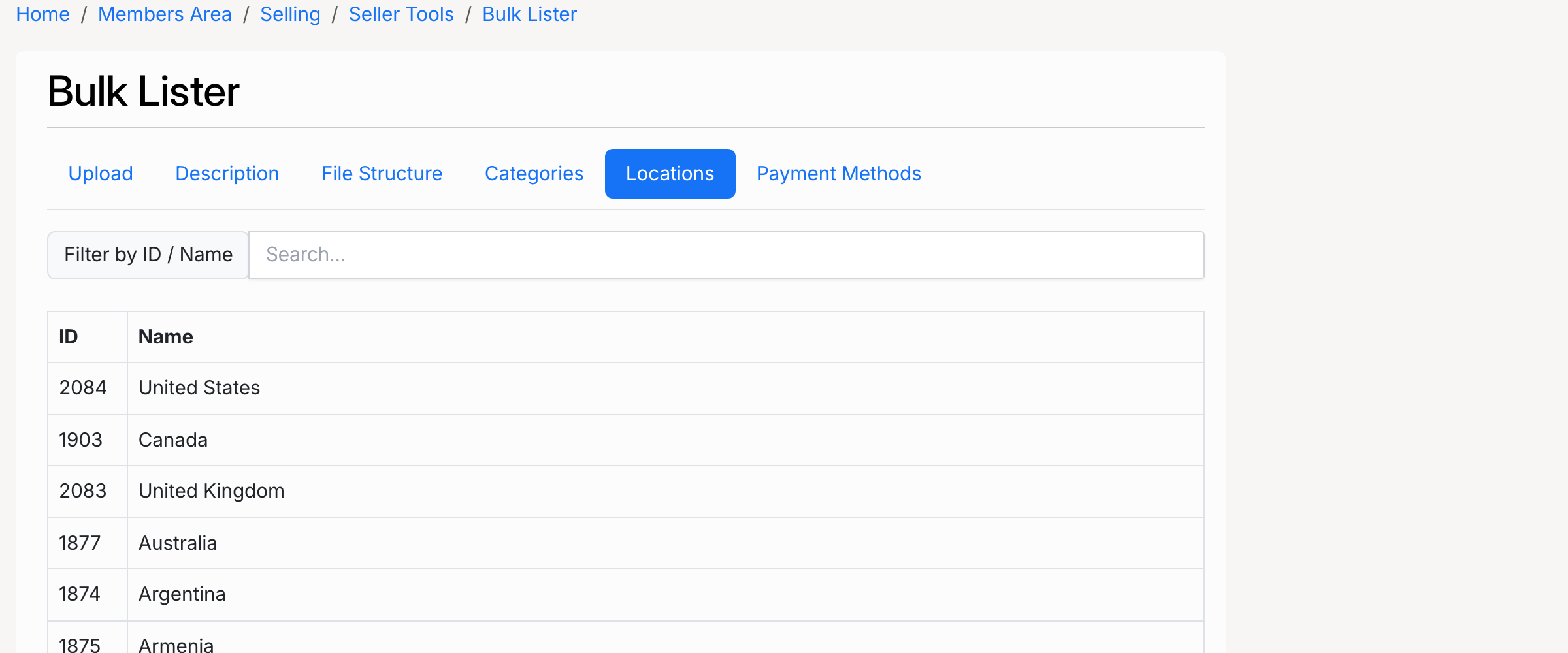 PHP Pro Bid — Bulk Lister locations tab showing country IDs and names in a searchable list