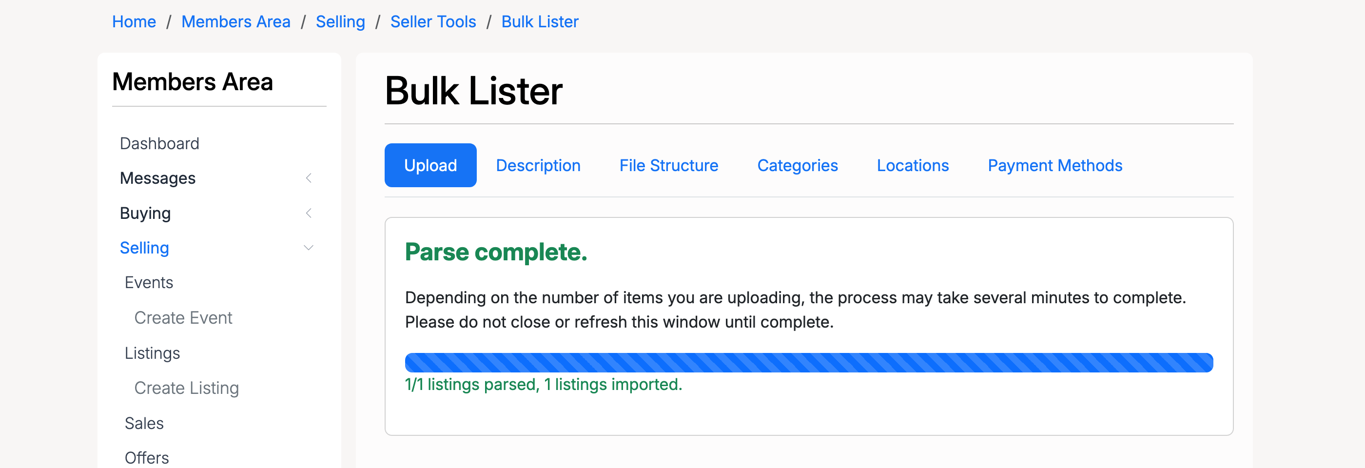 PHP Pro Bid — Bulk Lister parse complete message with progress bar showing 1/1 listings parsed and imported