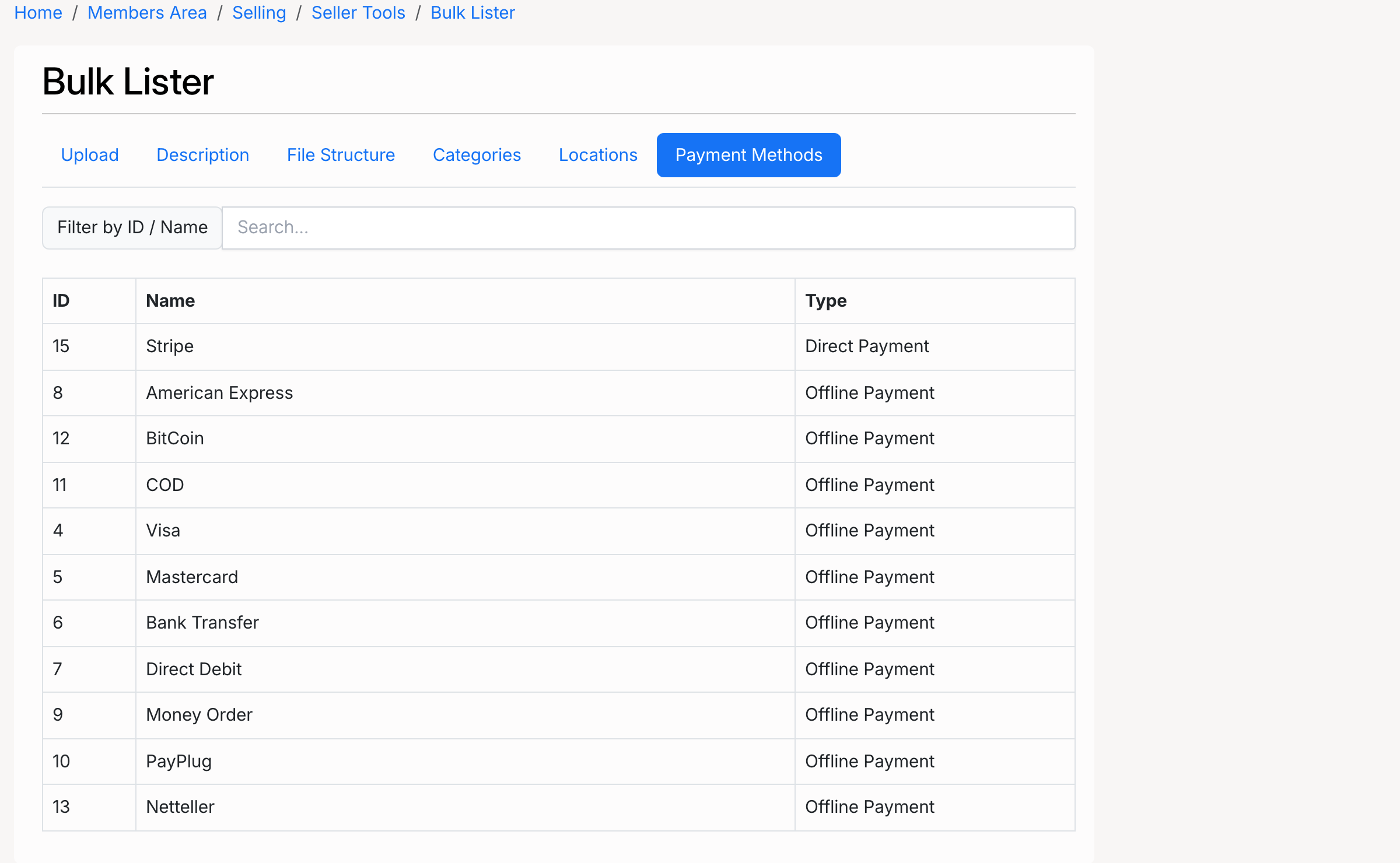 PHP Pro Bid — Bulk Lister payment methods tab showing payment IDs, names, and types