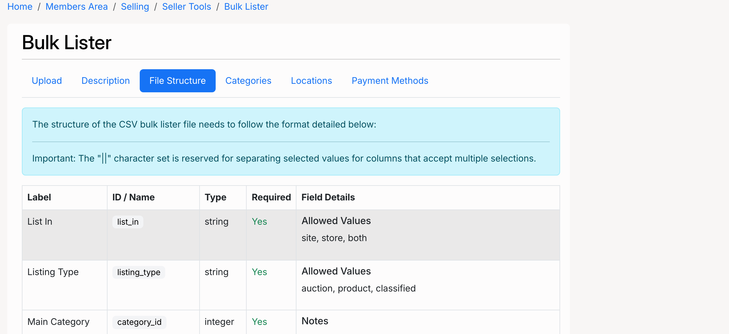PHP Pro Bid — Bulk Lister file structure tab showing all CSV columns with labels, types, and allowed values