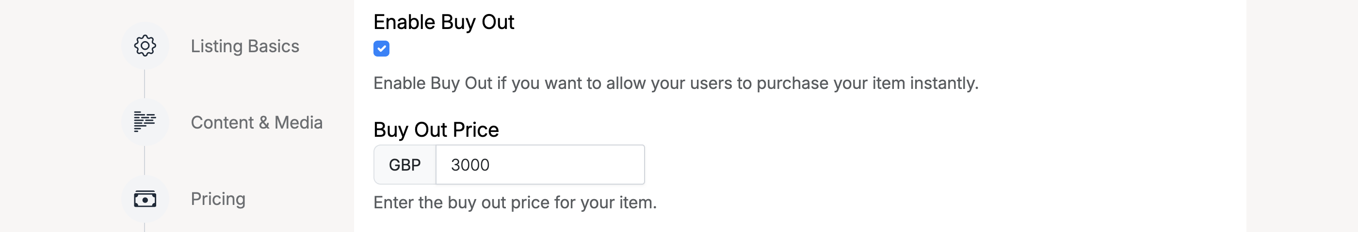 PHP Pro Bid — Seller listing form showing Enable Buy Out checkbox and Buy Out Price field in the Pricing section