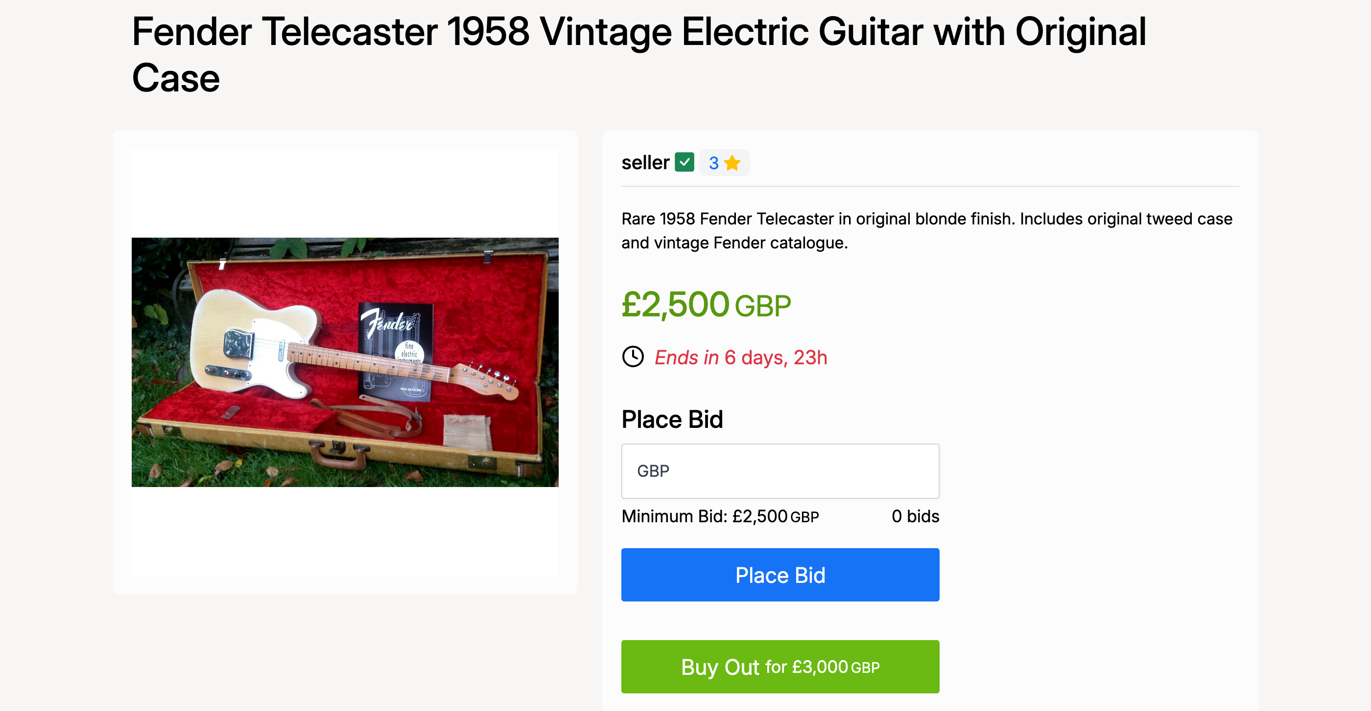 PHP Pro Bid — Auction listing page showing the Place Bid button and green Buy Out button with price