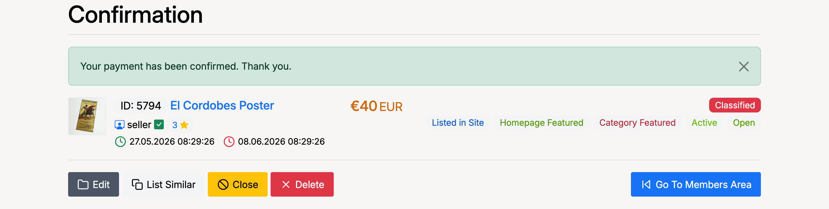 PHP Pro Bid — Confirmation page after listing a classified, showing the item details and a Classified badge
