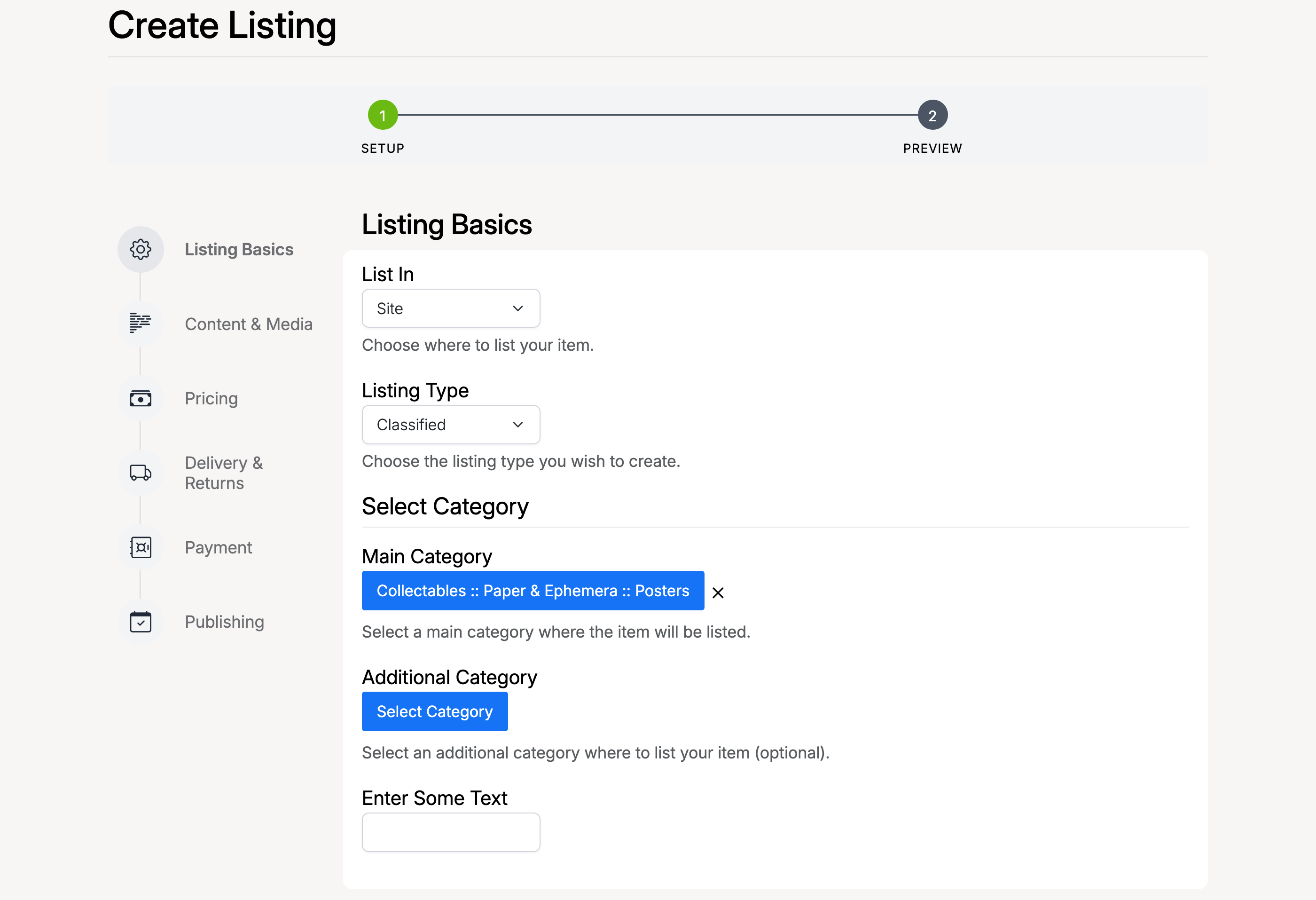 PHP Pro Bid — Create Listing page with Classified selected as the listing type and a category chosen