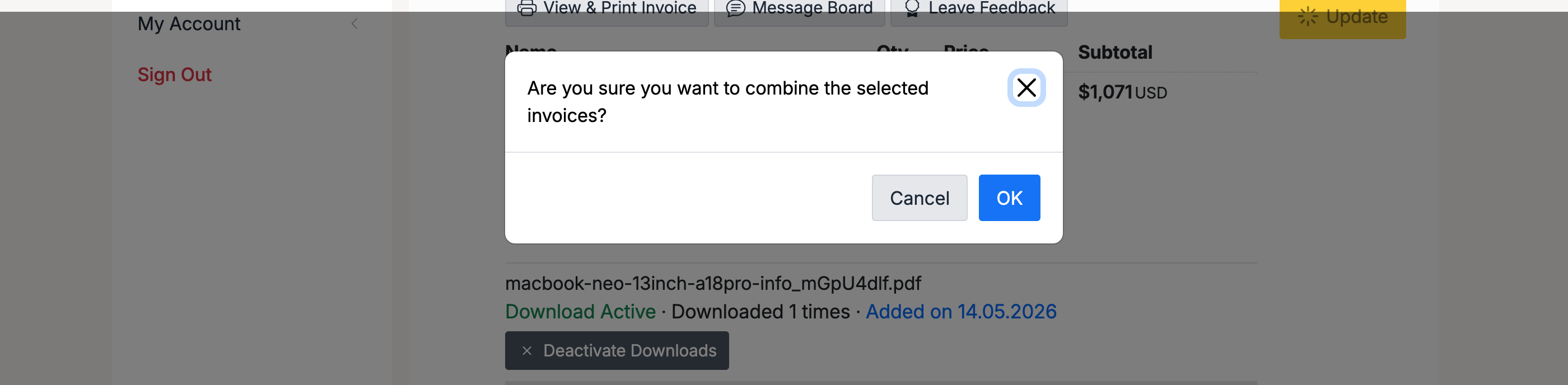 PHP Pro Bid — Confirmation dialog asking Are you sure you want to combine the selected invoices with Cancel and OK buttons