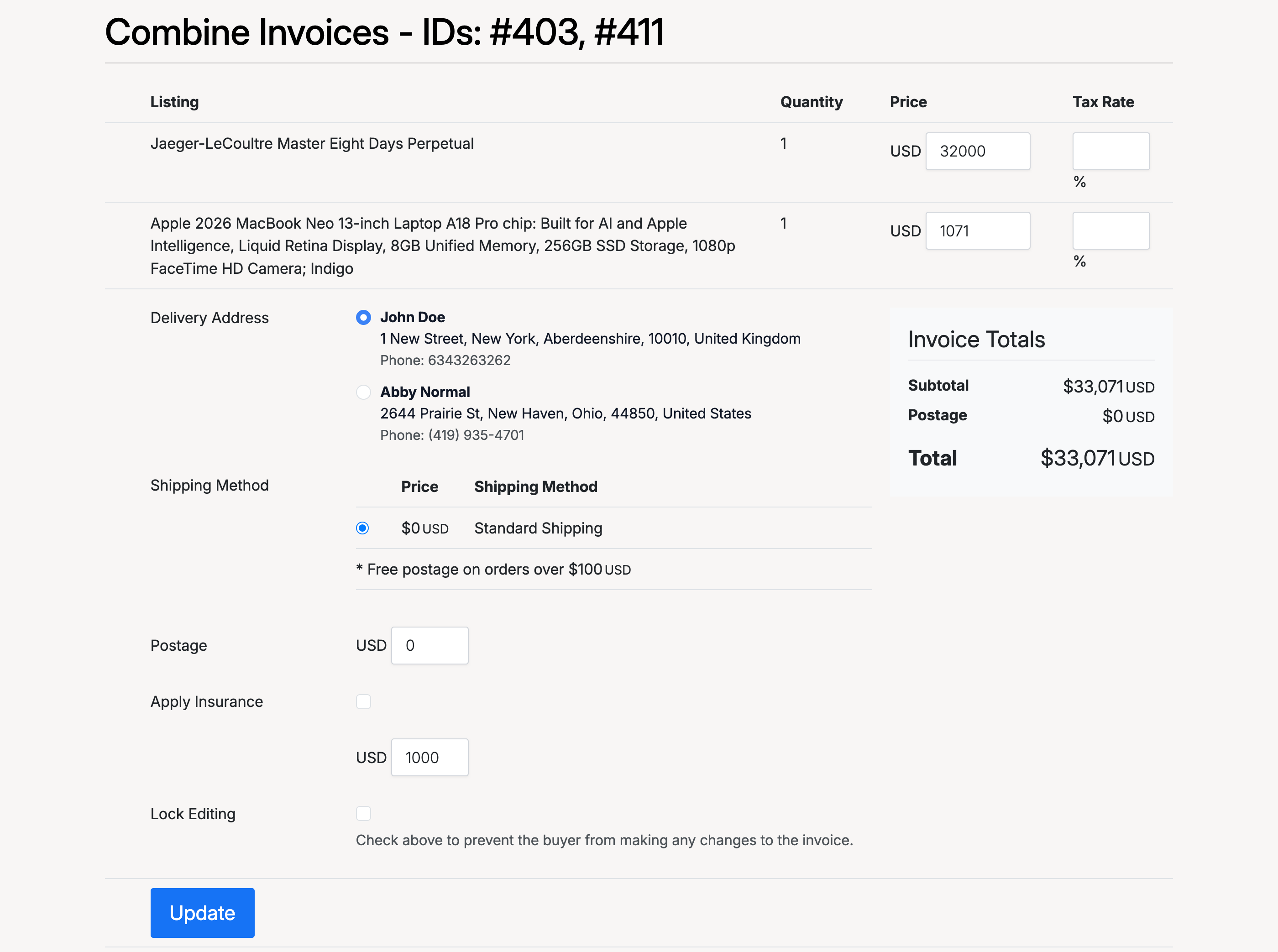 PHP Pro Bid — Combined invoice showing two items merged into a single invoice with delivery address, shipping method, postage, insurance, and lock editing options
