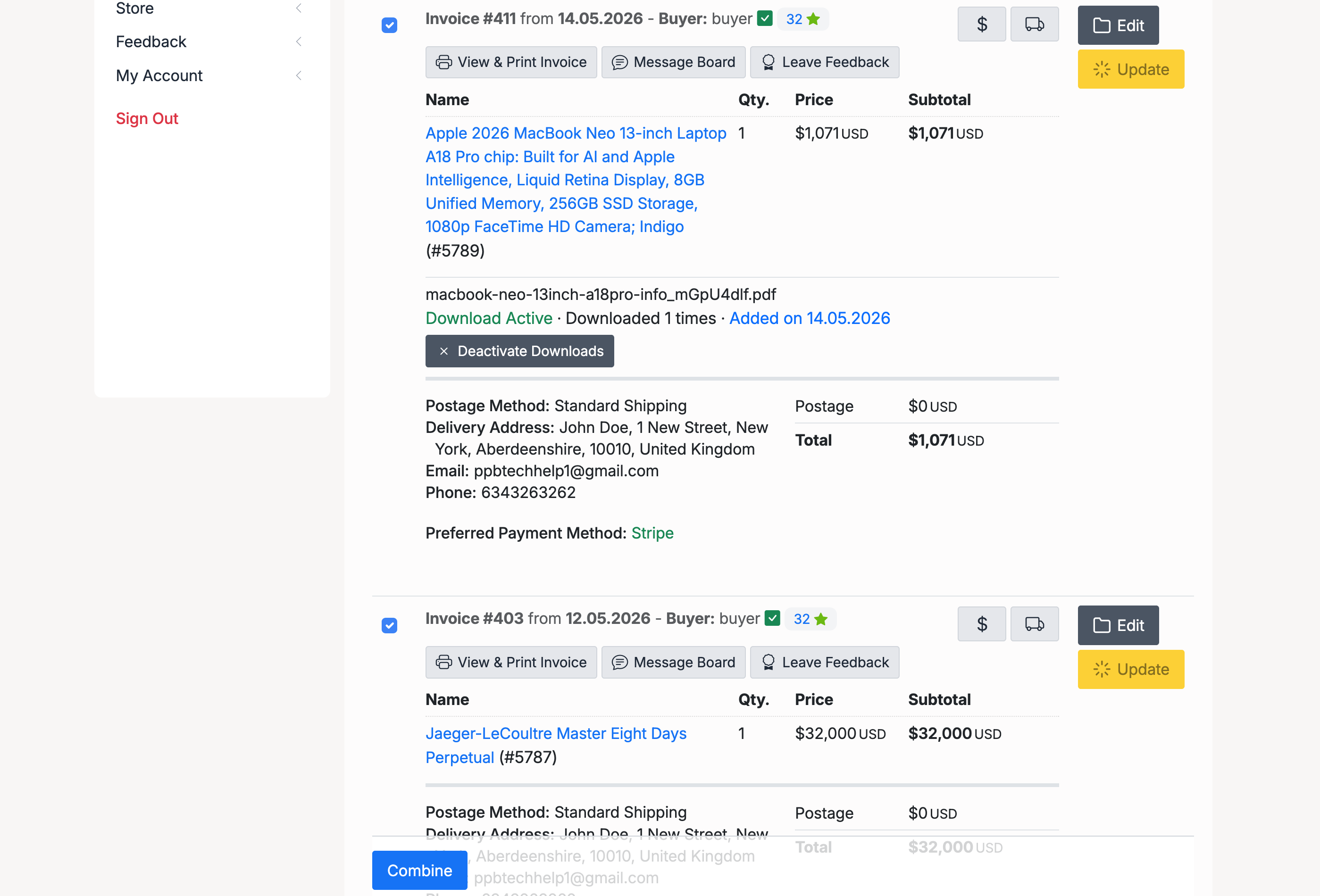 PHP Pro Bid — Seller sales list with two invoices selected and the Combine button visible at the bottom