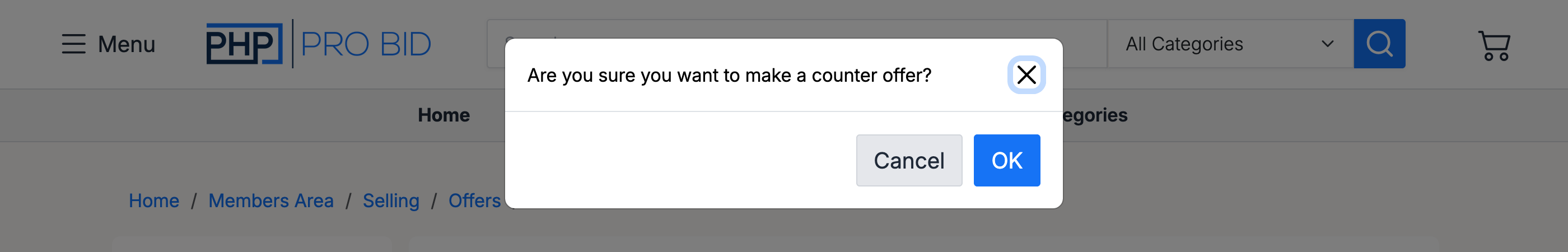 PHP Pro Bid — Counter offer confirmation popup asking Are you sure you want to make a counter offer