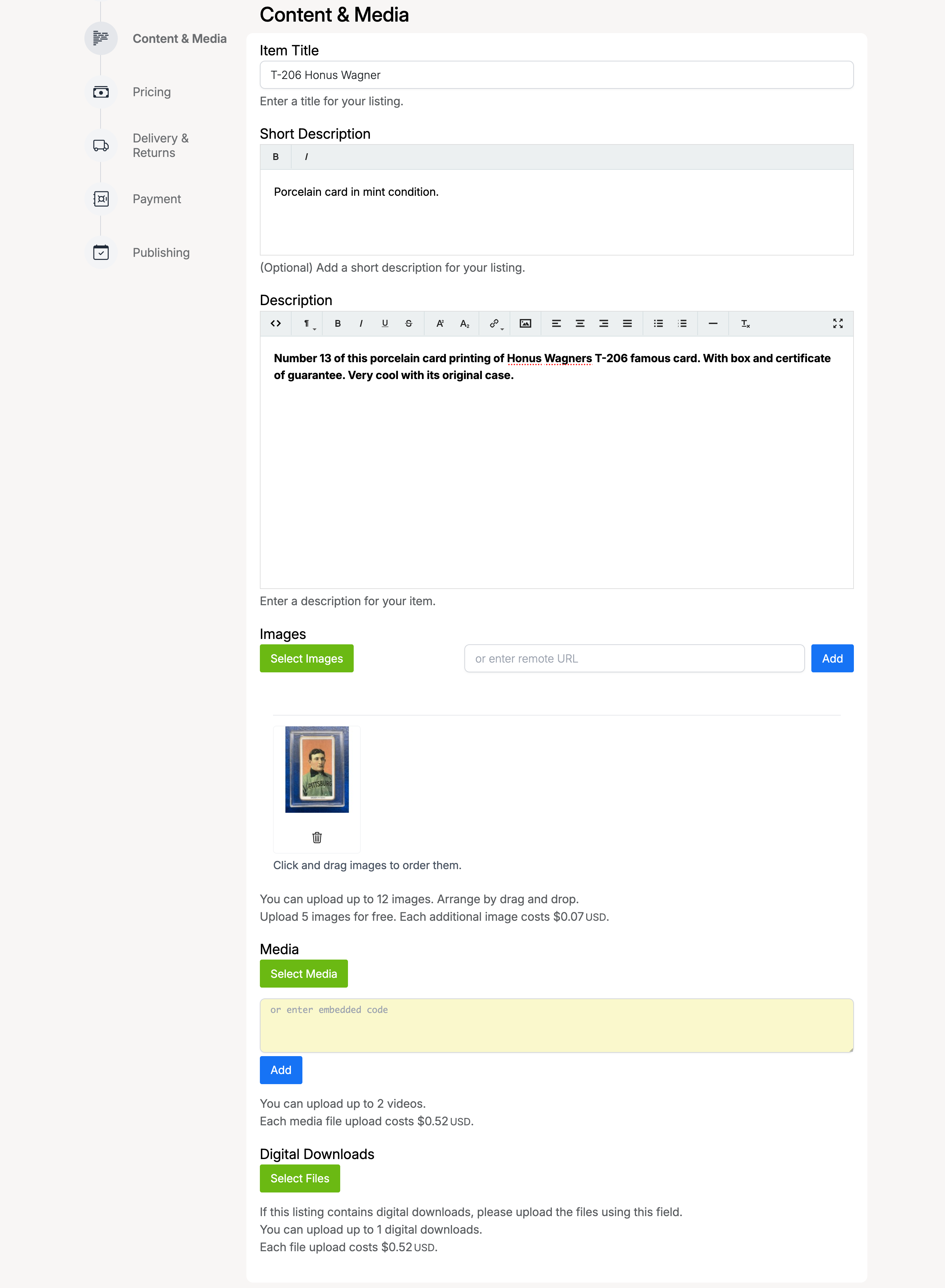 PHP Pro Bid — Content and Media section showing title, short description, rich text description editor with formatted text, uploaded product images, media upload, and digital downloads