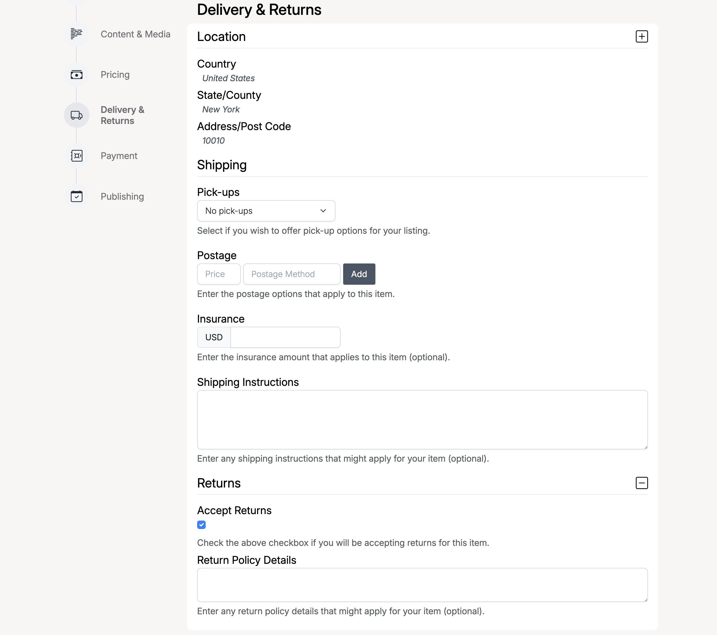 PHP Pro Bid — Delivery and Returns section showing location fields, pick-up options, postage, insurance, shipping instructions, and returns policy