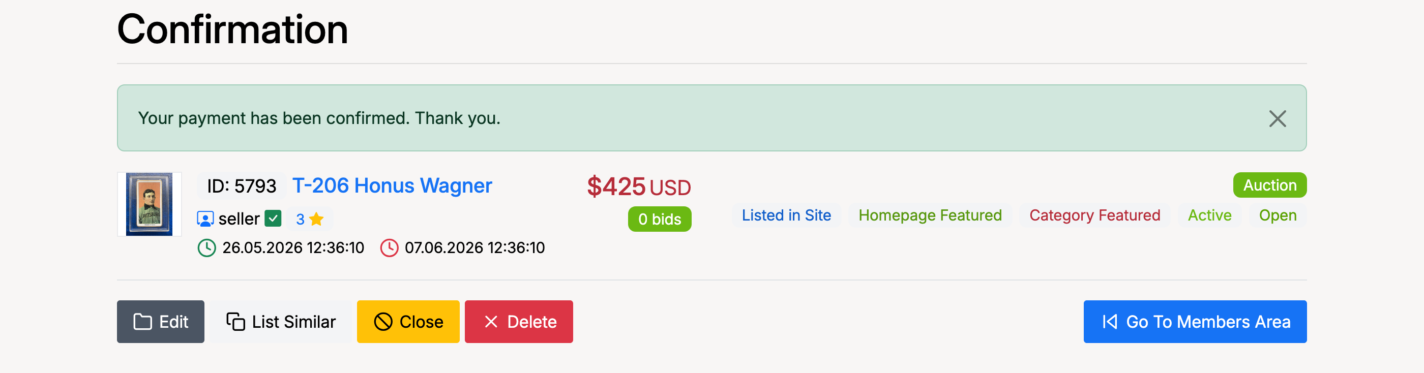 PHP Pro Bid — Listing confirmation page showing payment confirmed message, listing details with status badges, and action buttons (Edit, List Similar, Close, Delete)