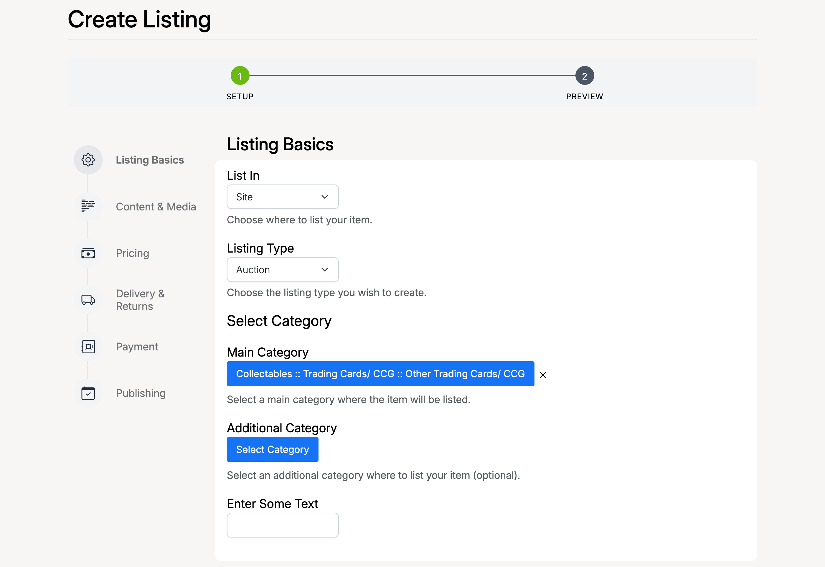 PHP Pro Bid — Create Listing form showing the step progress bar, sidebar navigation, and Listing Basics section with listing type, category selection, and custom fields