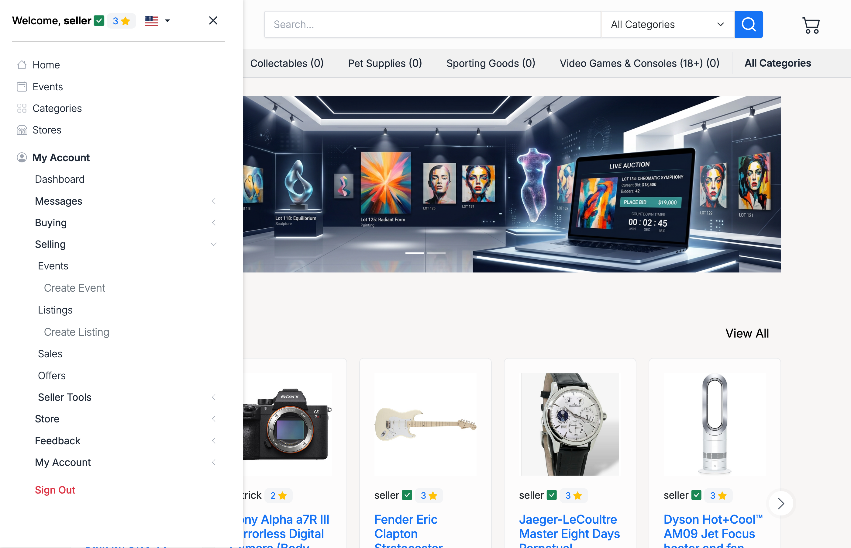 PHP Pro Bid — Members Area sidebar showing Selling section with Create Listing link