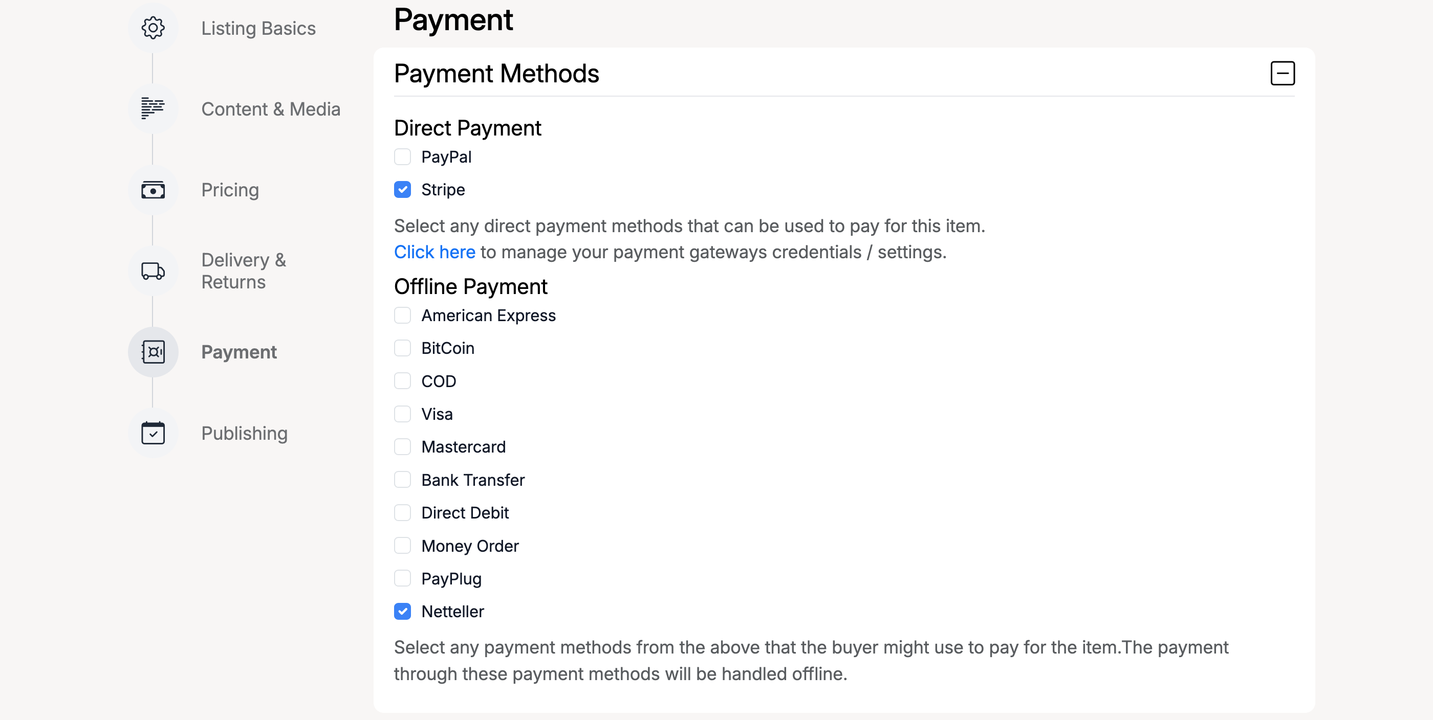 PHP Pro Bid — Payment section showing direct payment (Stripe) and offline payment methods including American Express, BitCoin, COD, Visa, Mastercard, Bank Transfer, and more
