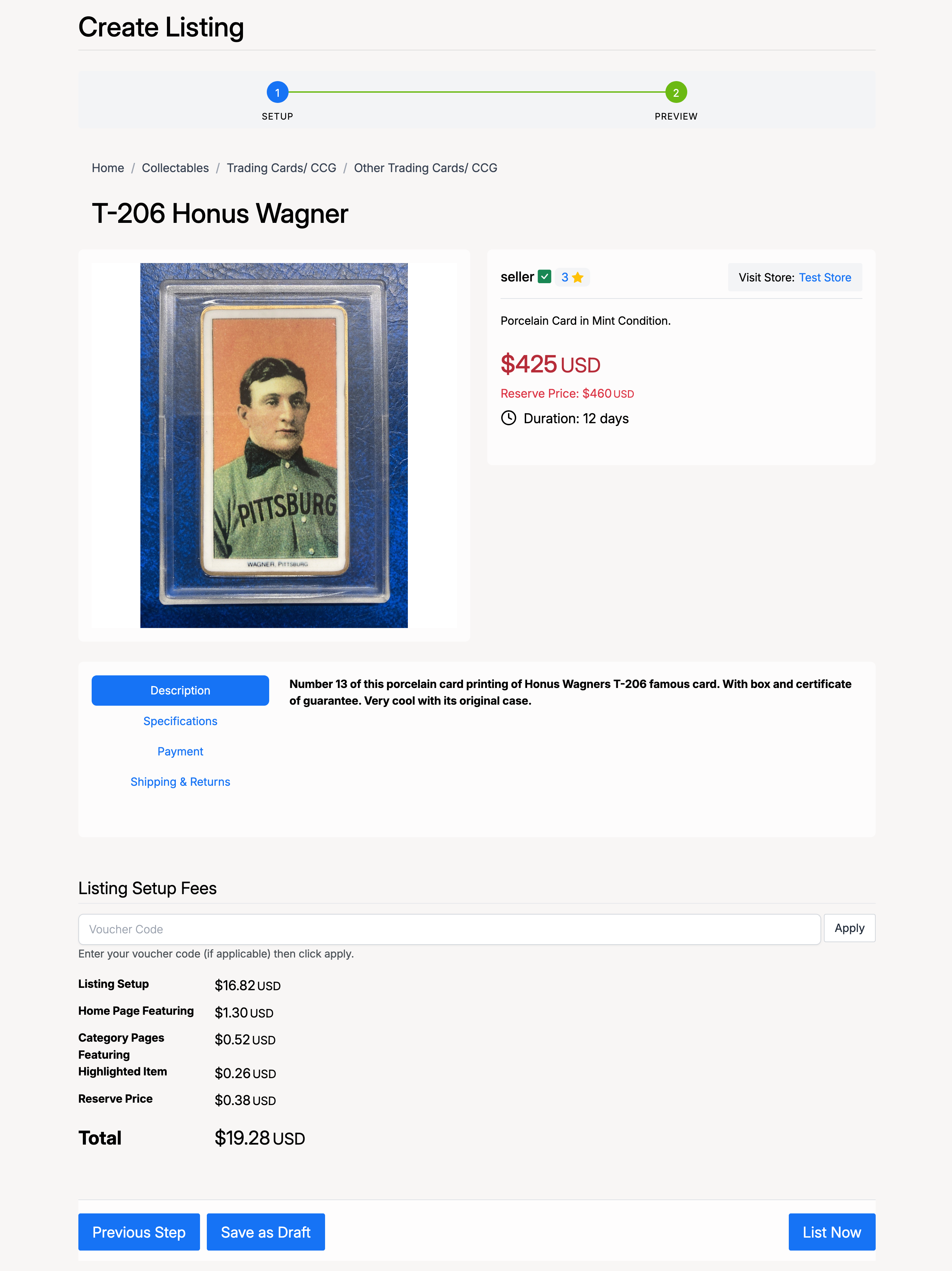 PHP Pro Bid — Listing preview page showing item details, description, category breadcrumb, pricing, duration, and listing setup fees breakdown with Previous Step, Save as Draft, and List Now buttons