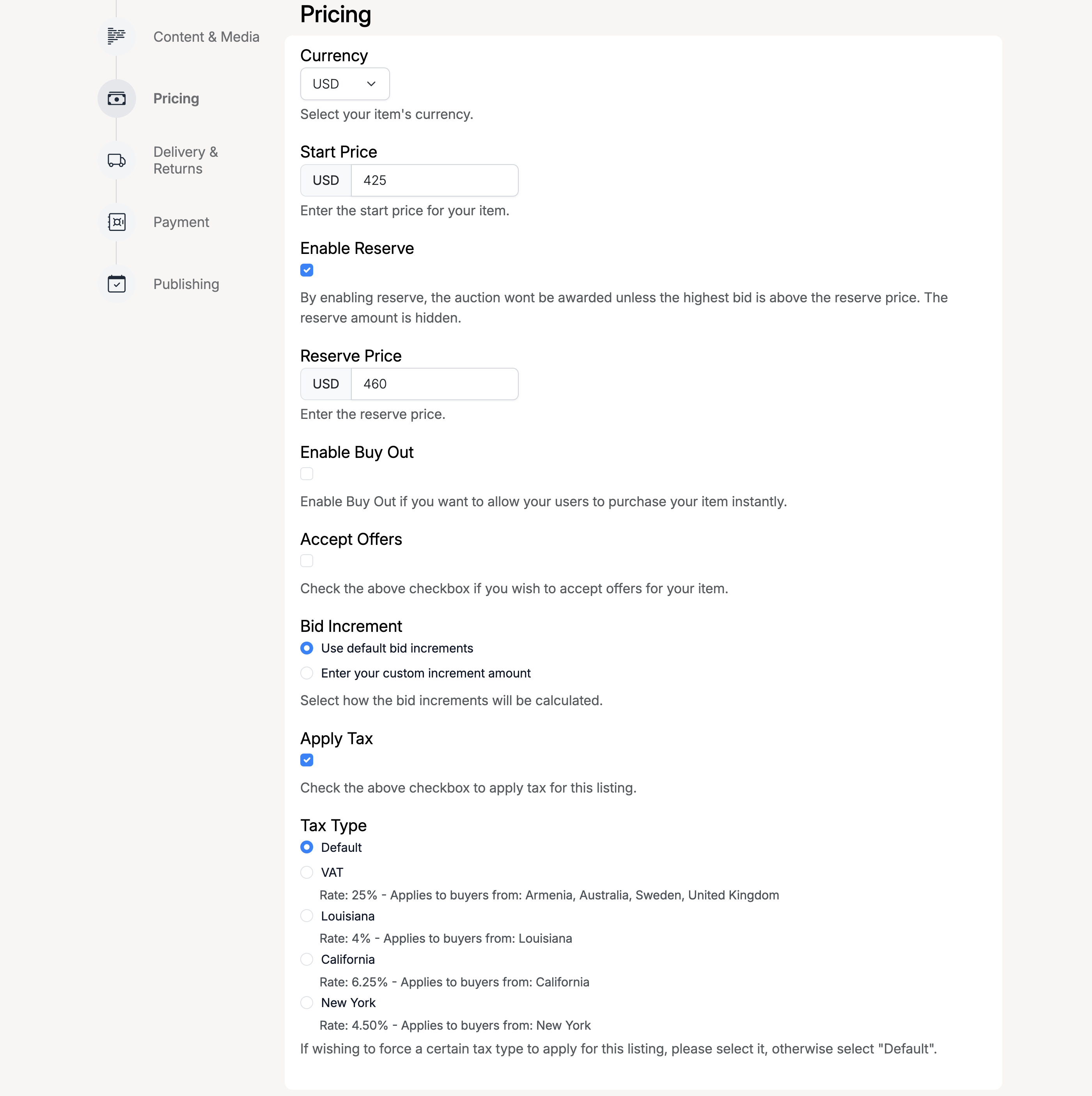 PHP Pro Bid — Pricing section showing currency, start price, reserve price, buy out price, accept offers with min/max range, bid increment options, apply tax with tax type selection