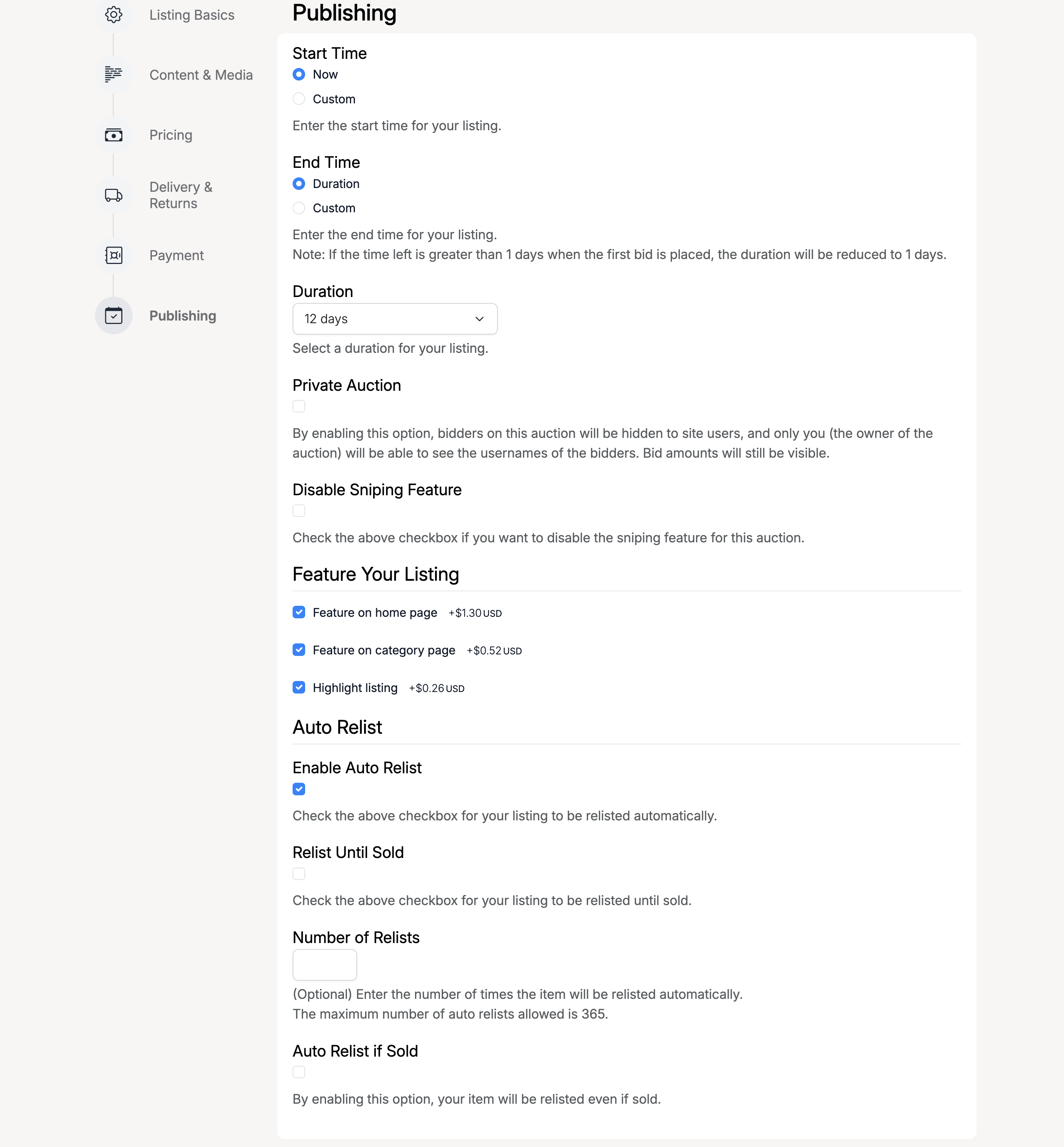 PHP Pro Bid — Publishing section showing start and end time options, duration selector, private auction, disable sniping, feature your listing with fees, and auto relist options