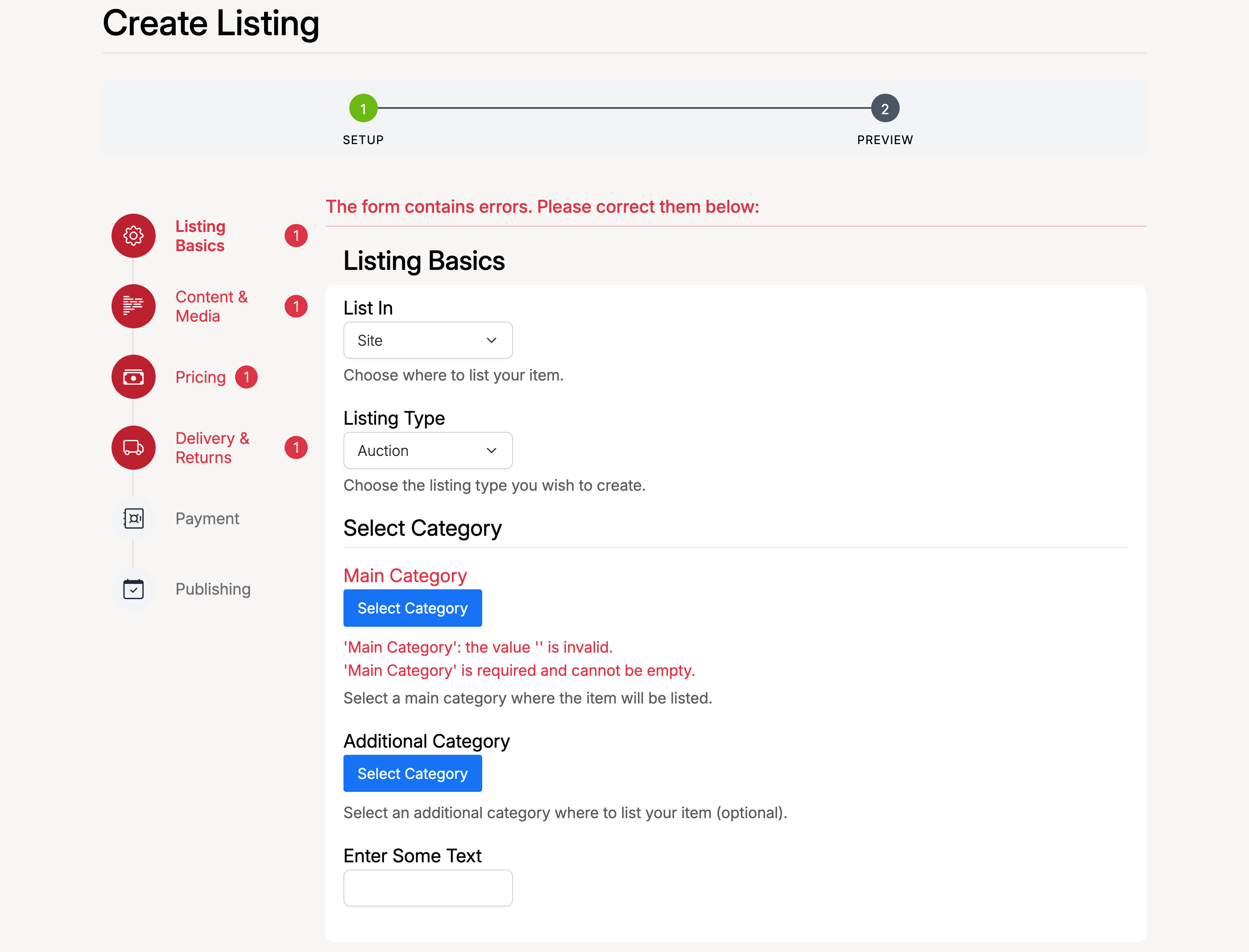 PHP Pro Bid — Form validation errors showing red badges on Listing Basics and Delivery sections, with error messages for missing required fields