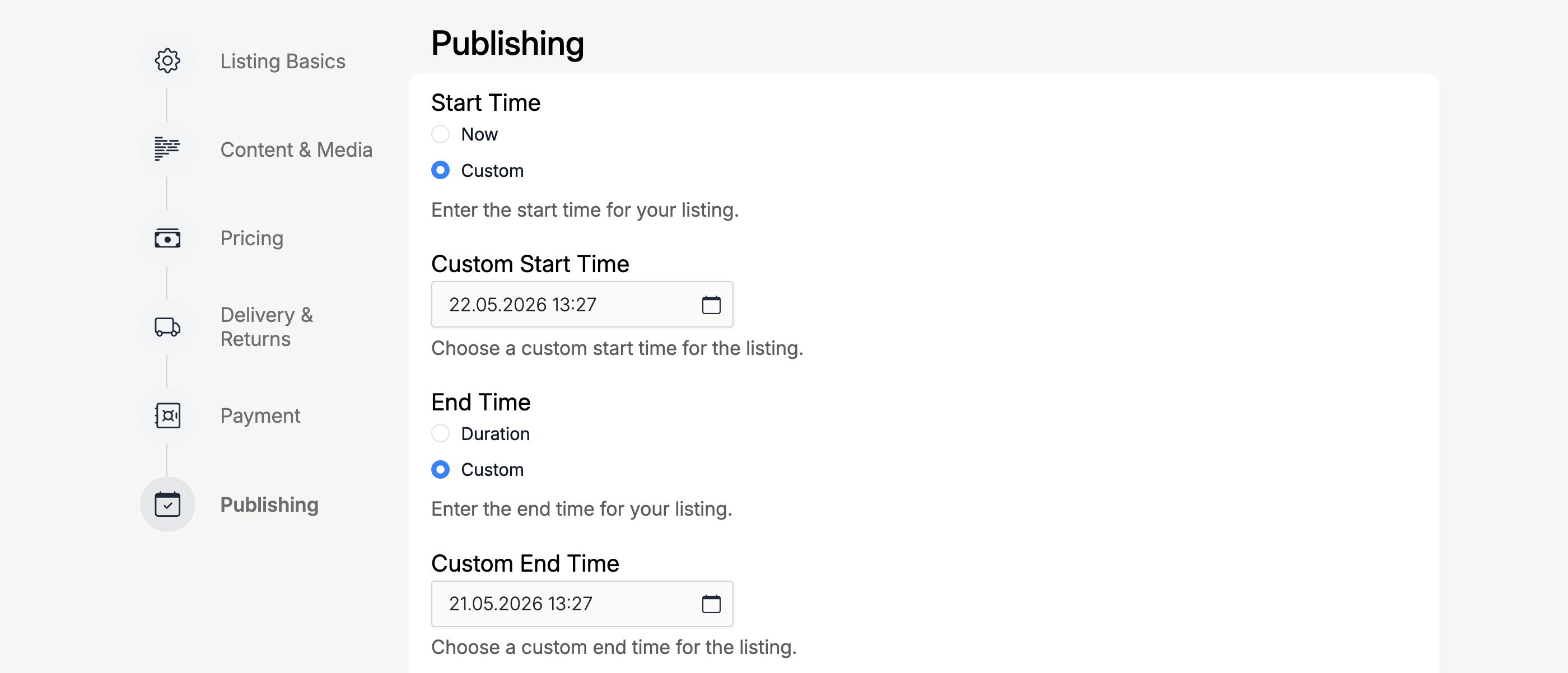 PHP Pro Bid — Publishing tab showing Start Time and End Time set to Custom with date/time pickers