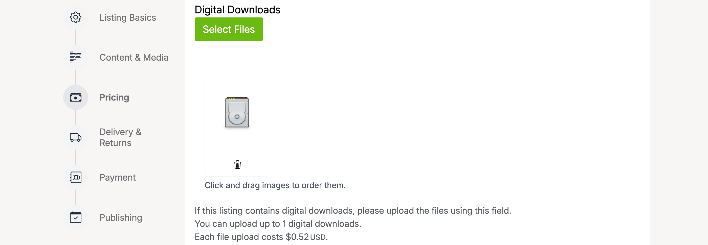PHP Pro Bid — Content and Media tab showing digital download file upload area with uploaded file