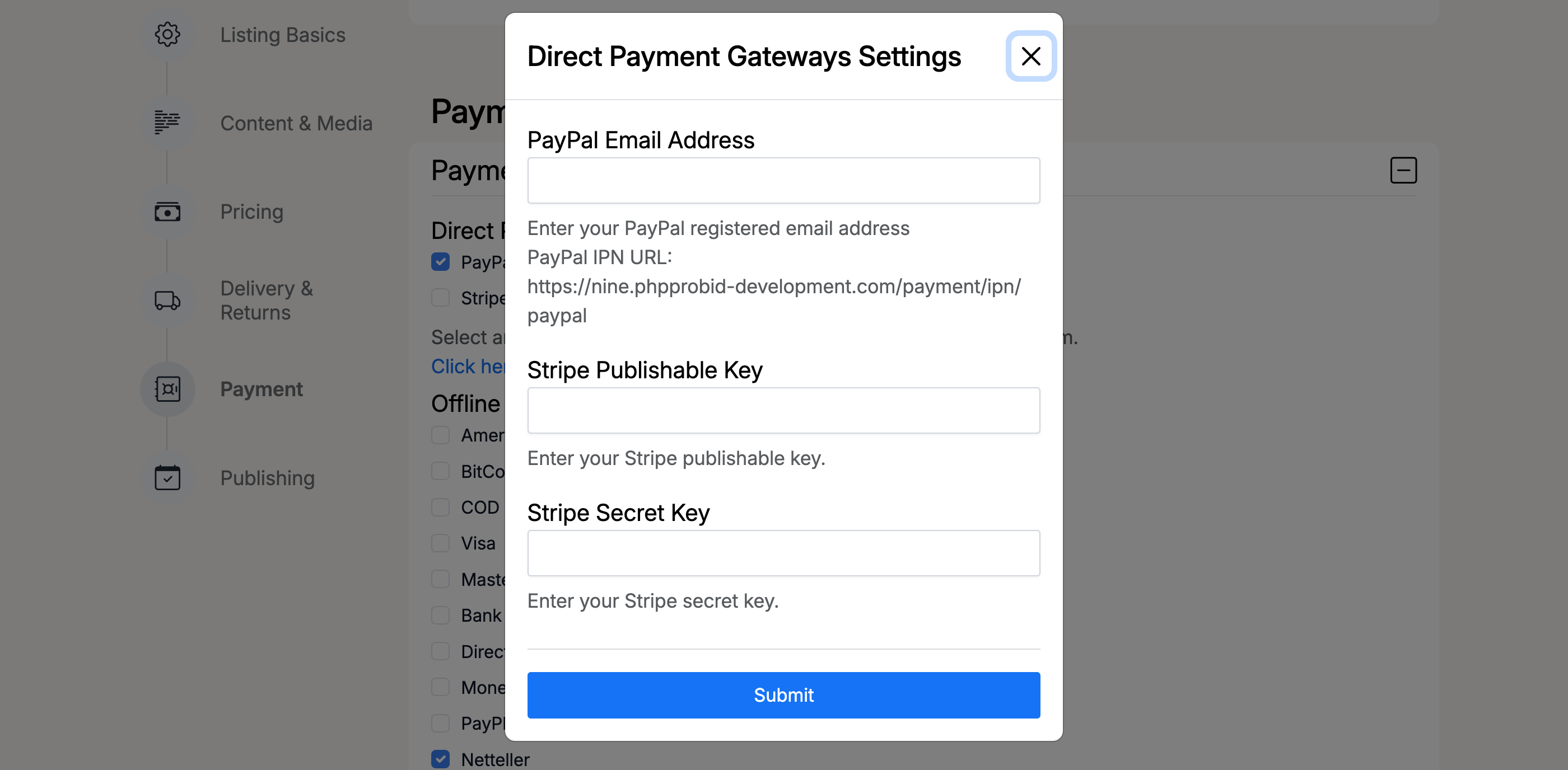 PHP Pro Bid — Direct Payment Gateways Settings modal showing PayPal Email Address with IPN URL, Stripe Publishable Key, and Stripe Secret Key fields