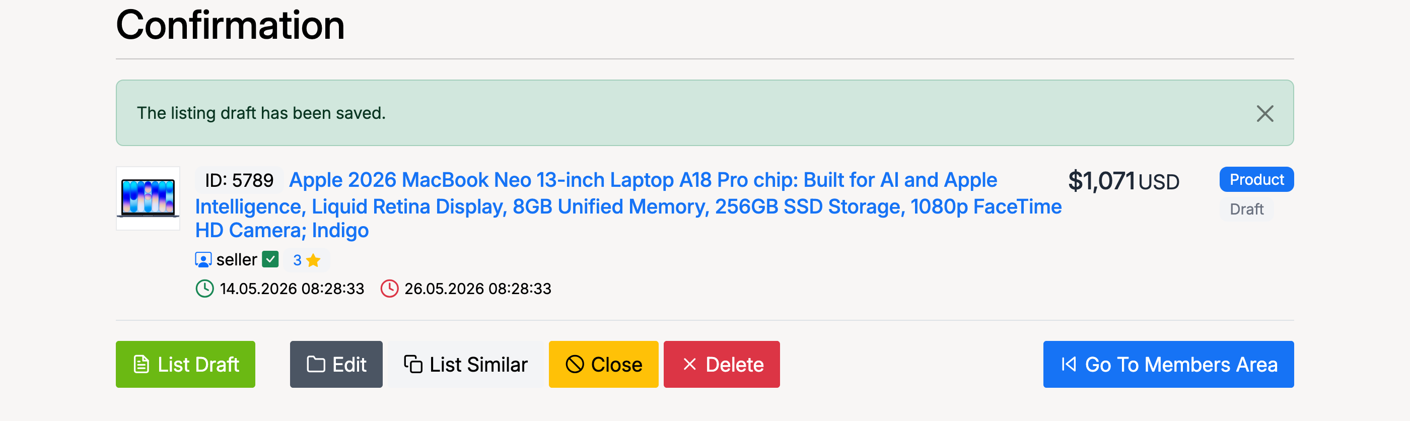 PHP Pro Bid — Draft confirmation page showing success message and action buttons: List Draft, Edit, List Similar, Close, and Delete