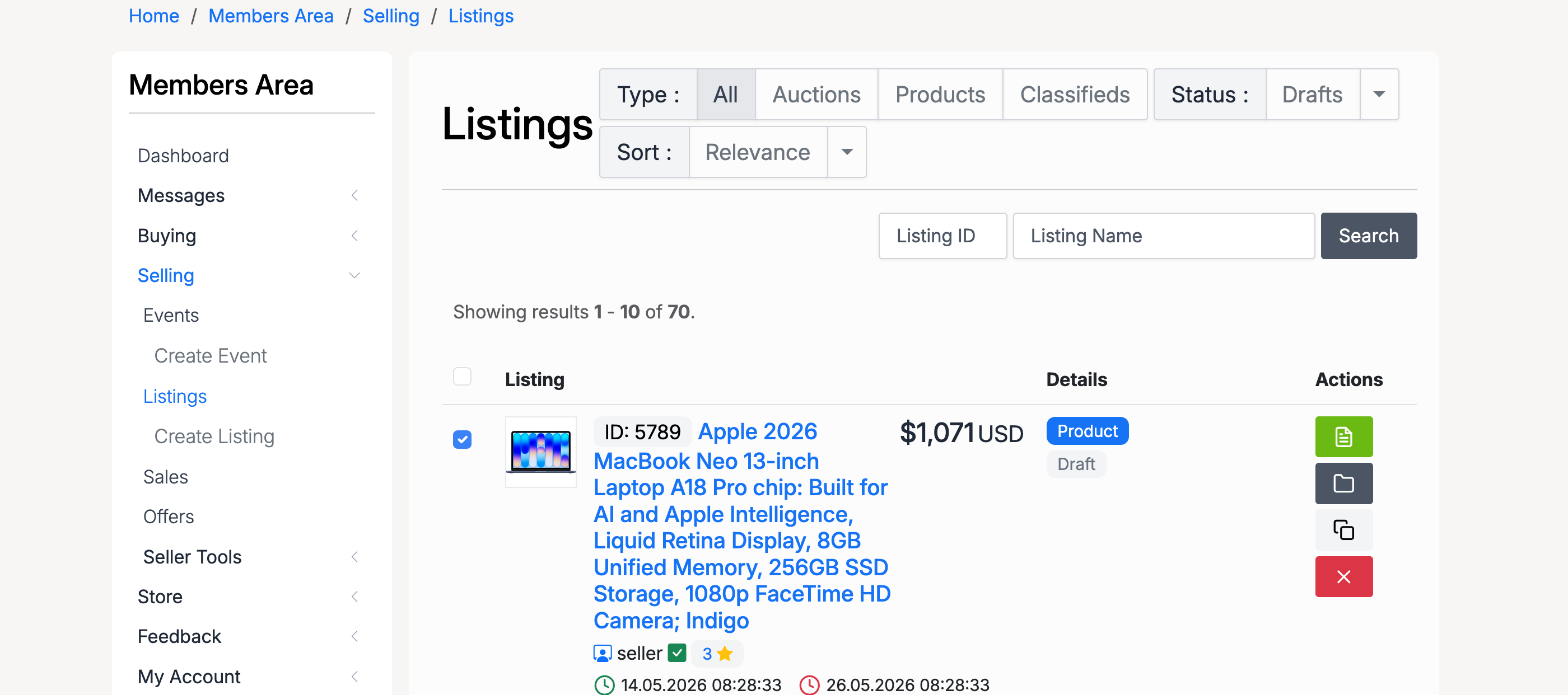PHP Pro Bid — Listings page filtered by Status: Drafts, showing saved draft listings with edit and delete actions