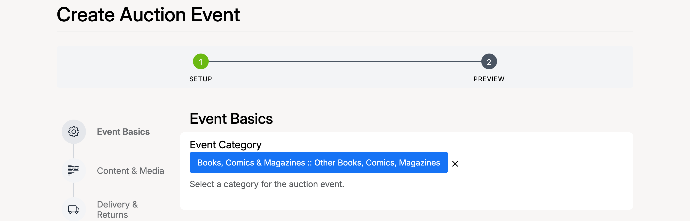 PHP Pro Bid — Create Auction Event, Event Basics step showing category selection