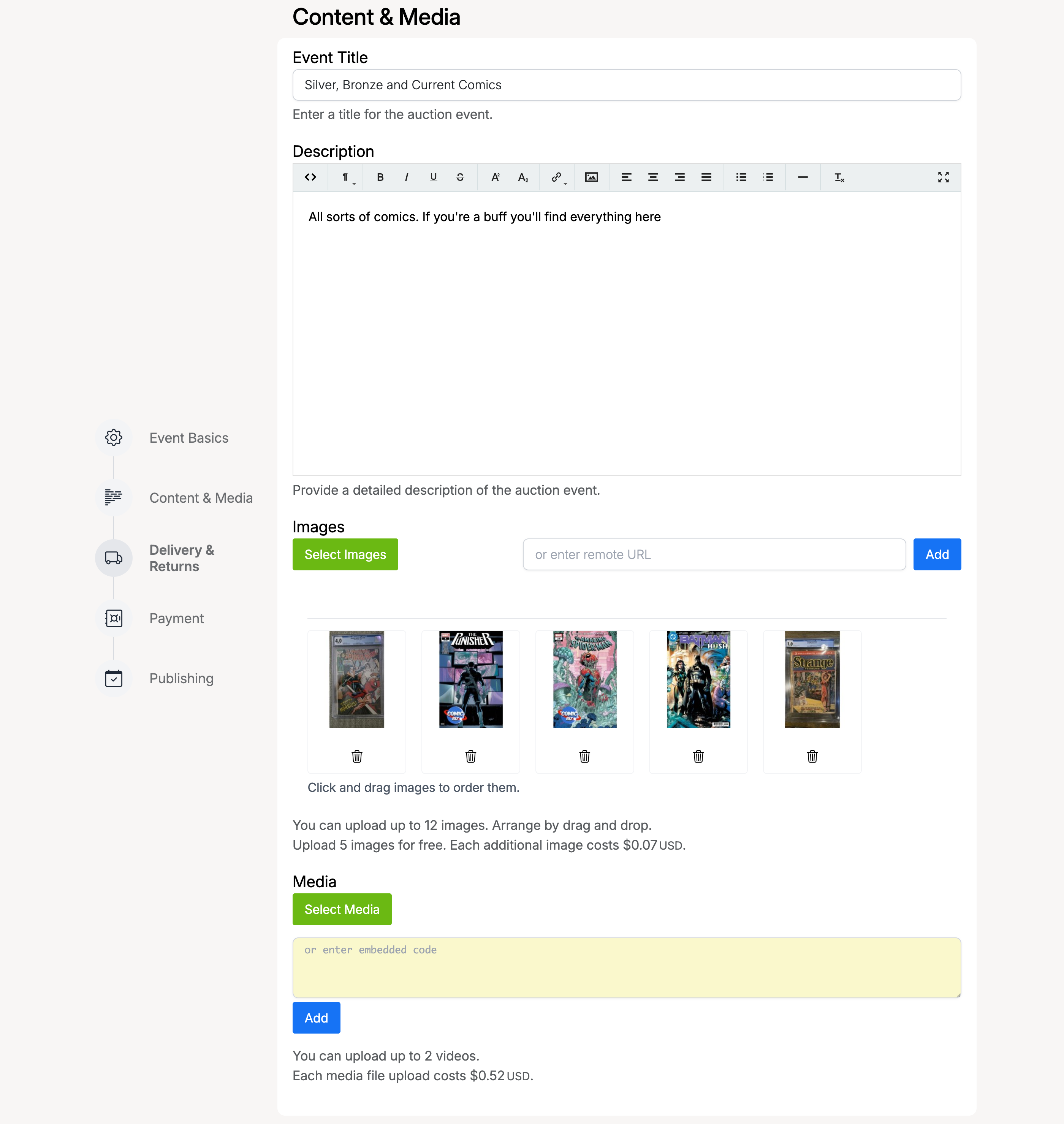 PHP Pro Bid — Create Auction Event, Content & Media step with title, description, images, and media uploads